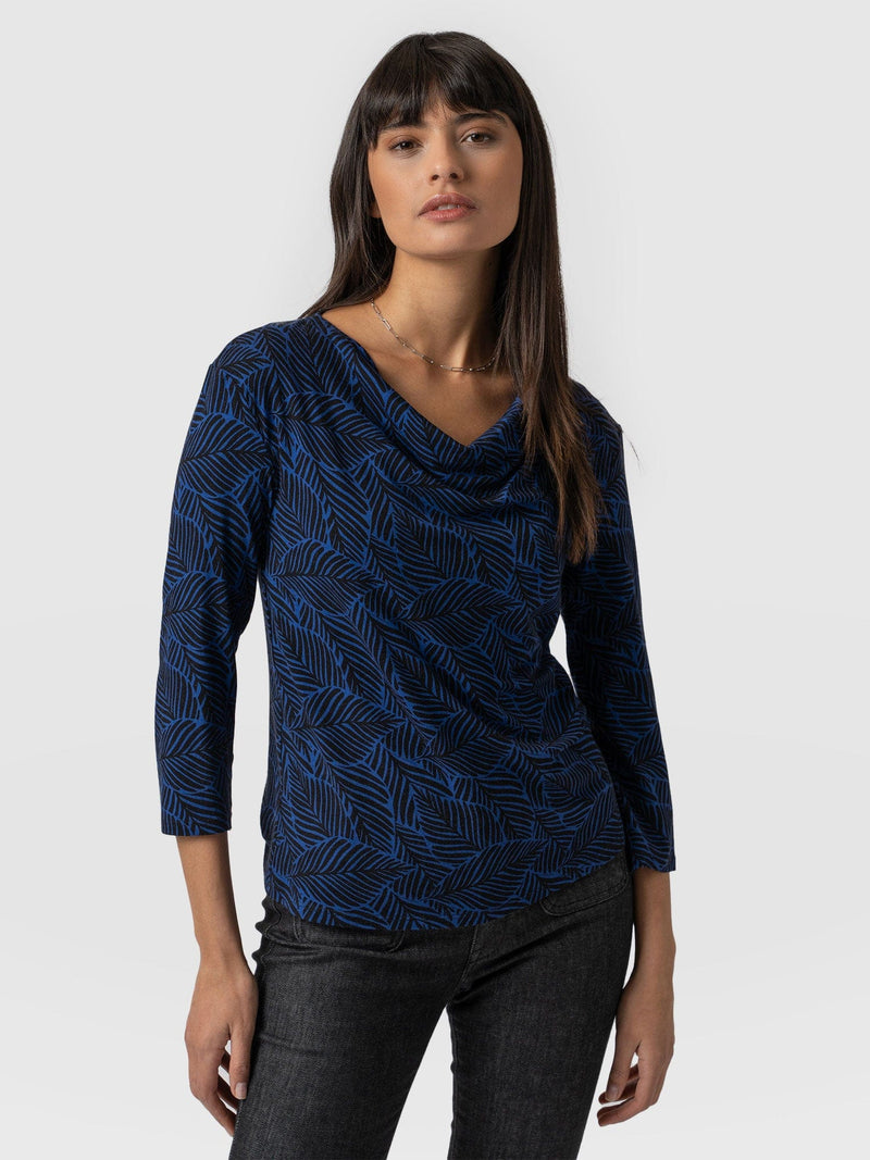 Cowl Neck Tee Long Sleeve Blue Leaf - Women's T-Shirts | Saint + Sofia® EU