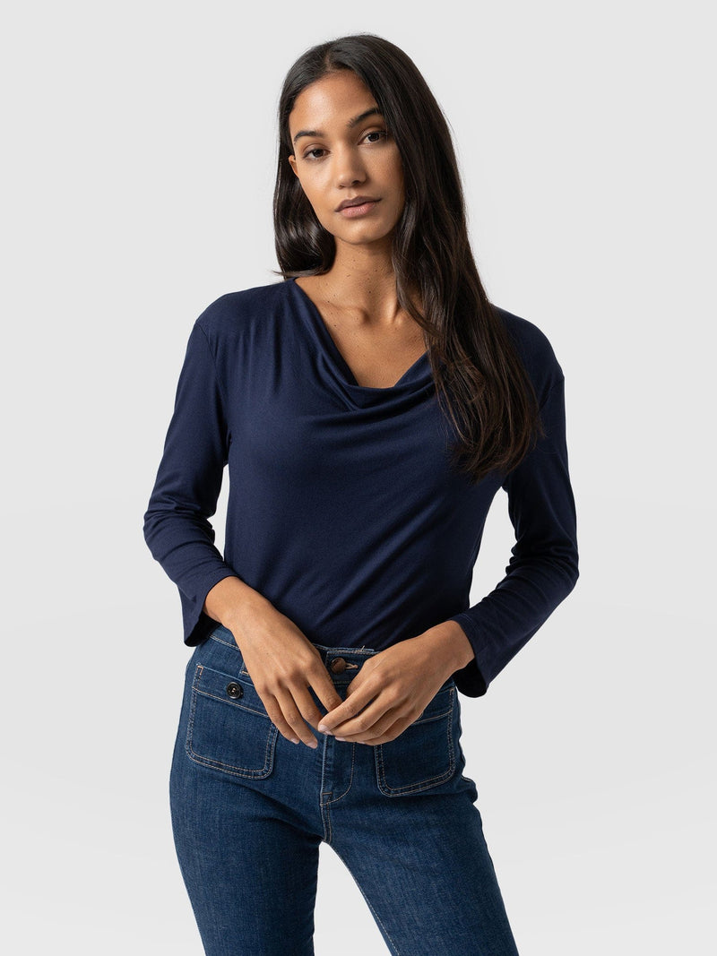 Cowl Neck Tee Navy Sleeves - Women's T-Shirts | Saint + Sofia® EU