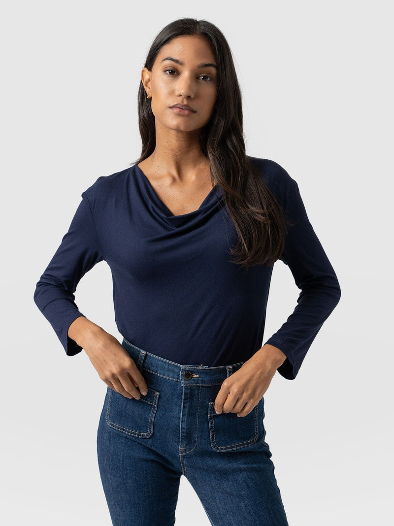 Cowl Neck Tee Navy Sleeves - Women's T-Shirts | Saint + Sofia® EU