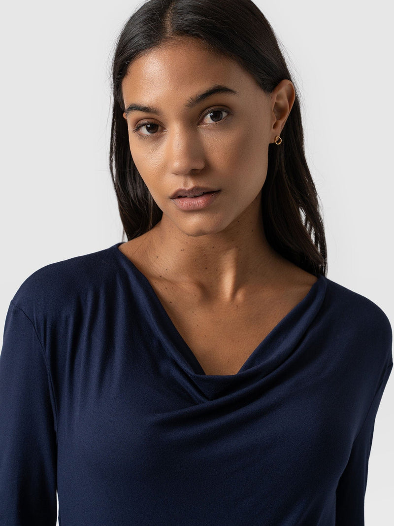 Cowl Neck Tee Navy Sleeves - Women's T-Shirts | Saint + Sofia® EU