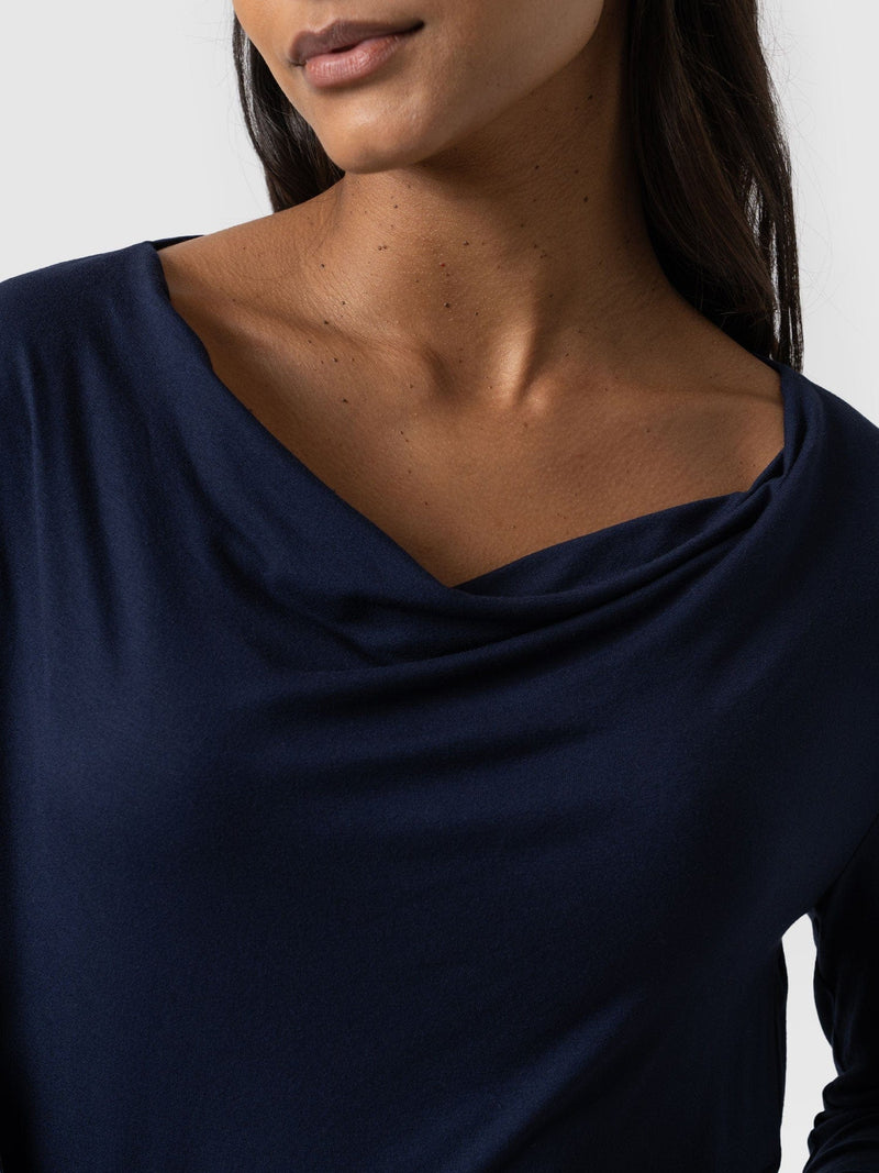 Cowl Neck Tee Navy Sleeves - Women's T-Shirts | Saint + Sofia® EU