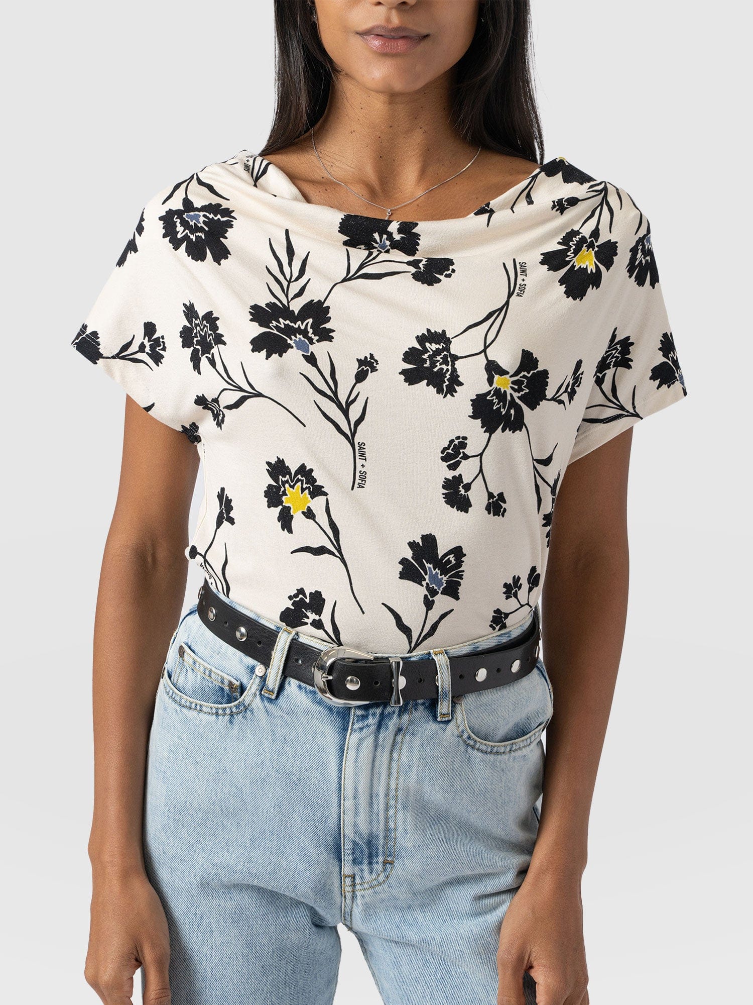 Cowl Neck Tee - White Spring Floral - Women's T-Shirts | Saint + Sofia® EU
