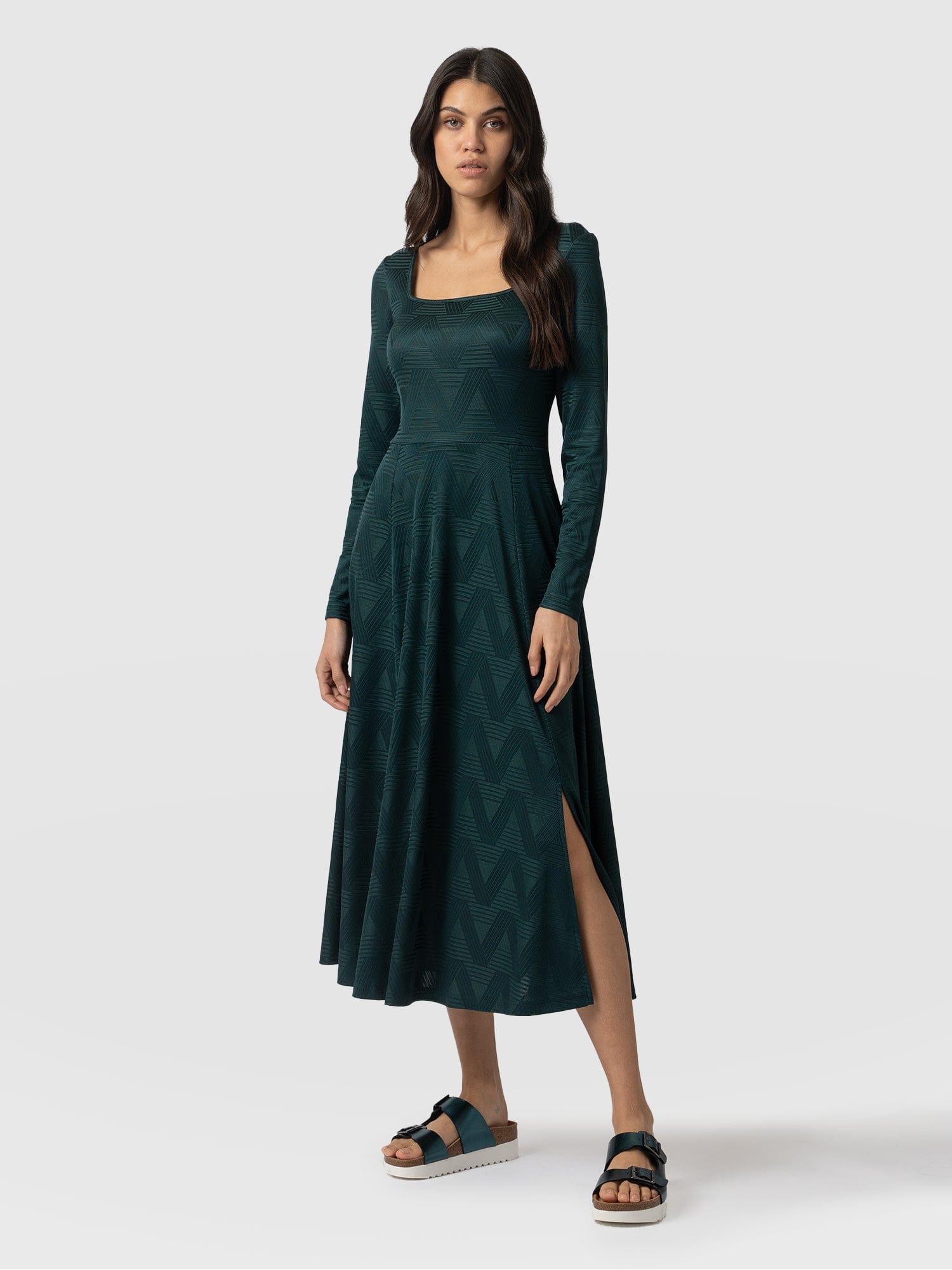 Darcey Flared Dress Teal Jacquard - Women's Dresses | Saint + Sofia® EU