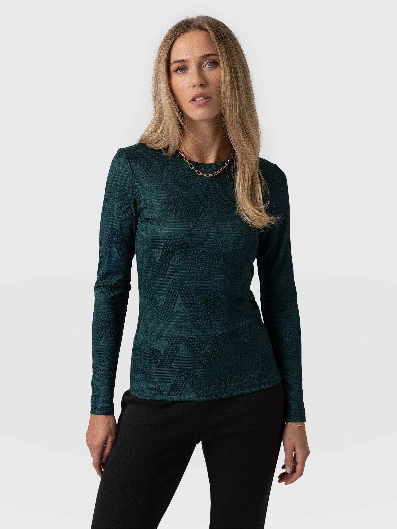 Darcey Long Sleeve Tee Teal Jacquard - Women's Blouses | Saint + Sofia® EU