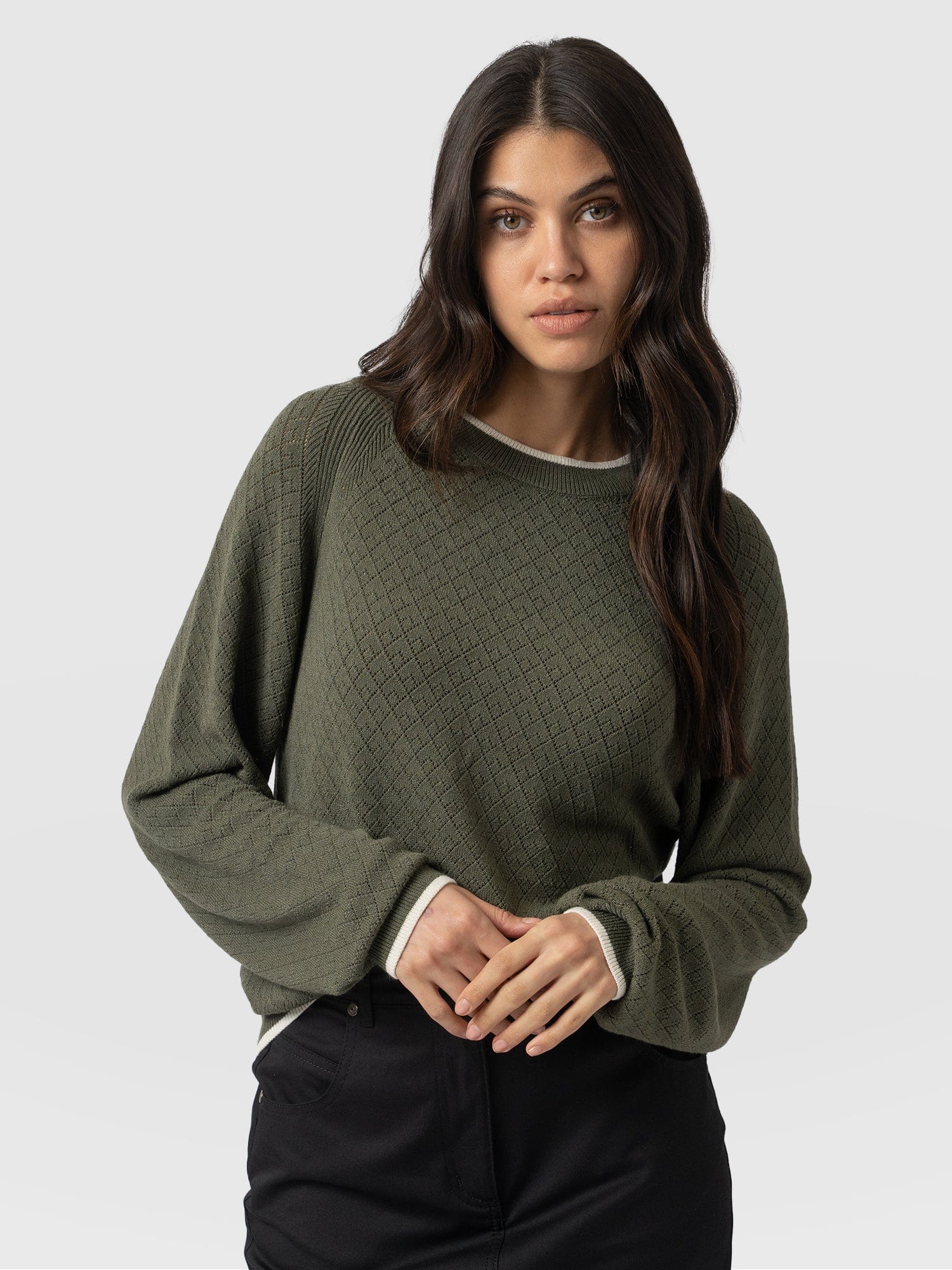 Diamond Knit Jumper Khaki - Women's Jumpers | Saint + Sofia® EU