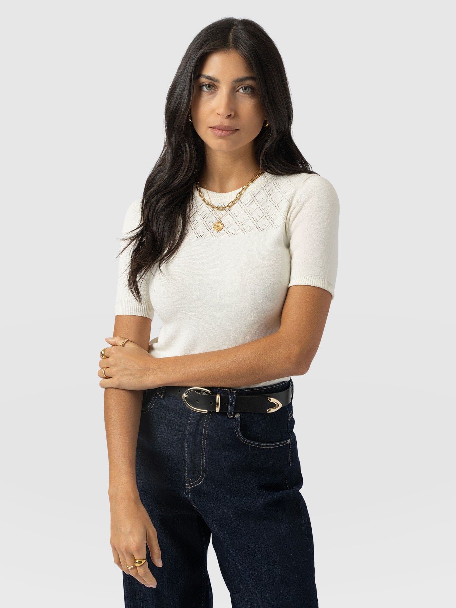 Diamond Knit Tee - Cream - Women's Jumpers | Saint + Sofia® EU