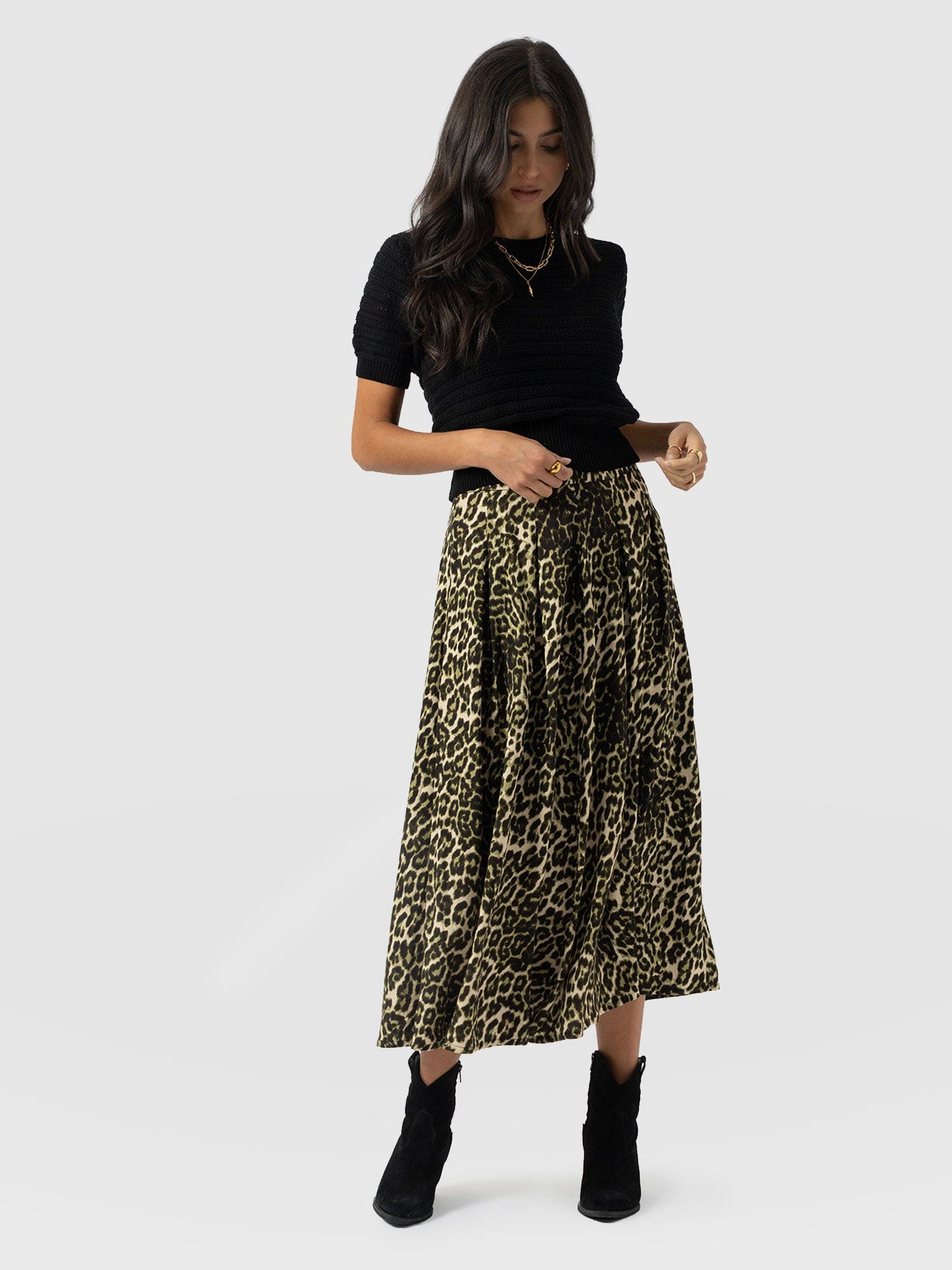 Eliza Pleated Skirt - Green Leopard - Women's Skirts | Saint + Sofia® EU