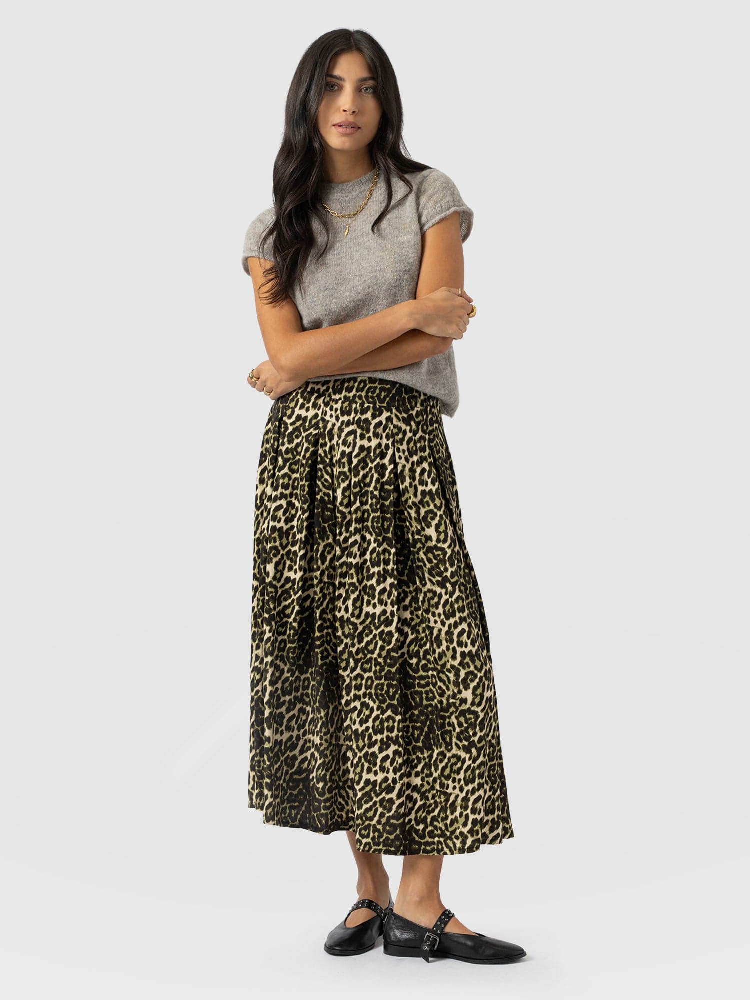 Eliza Pleated Skirt - Green Leopard - Women's Skirts | Saint + Sofia® EU