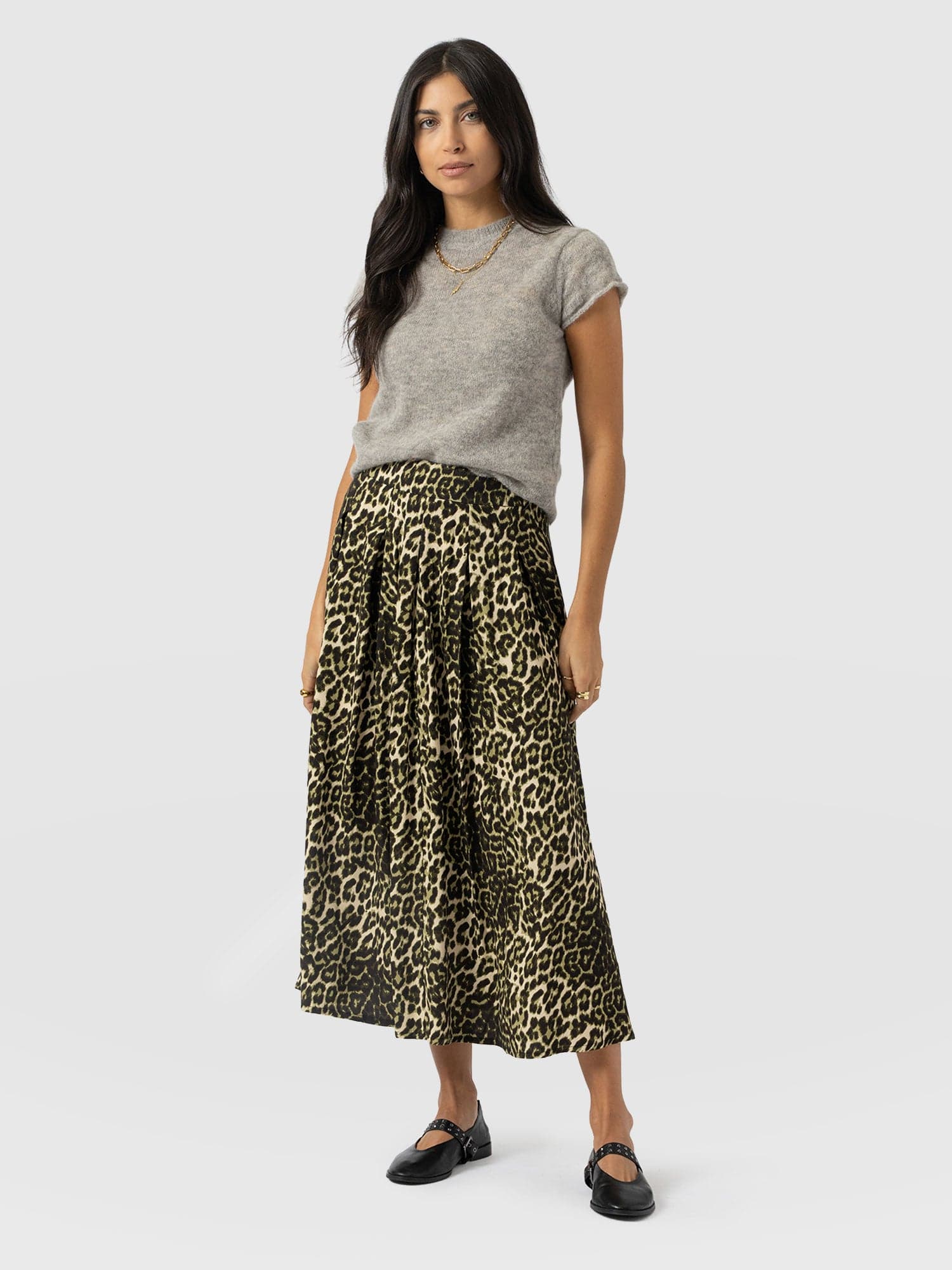 Eliza Pleated Skirt - Green Leopard - Women's Skirts | Saint + Sofia® EU