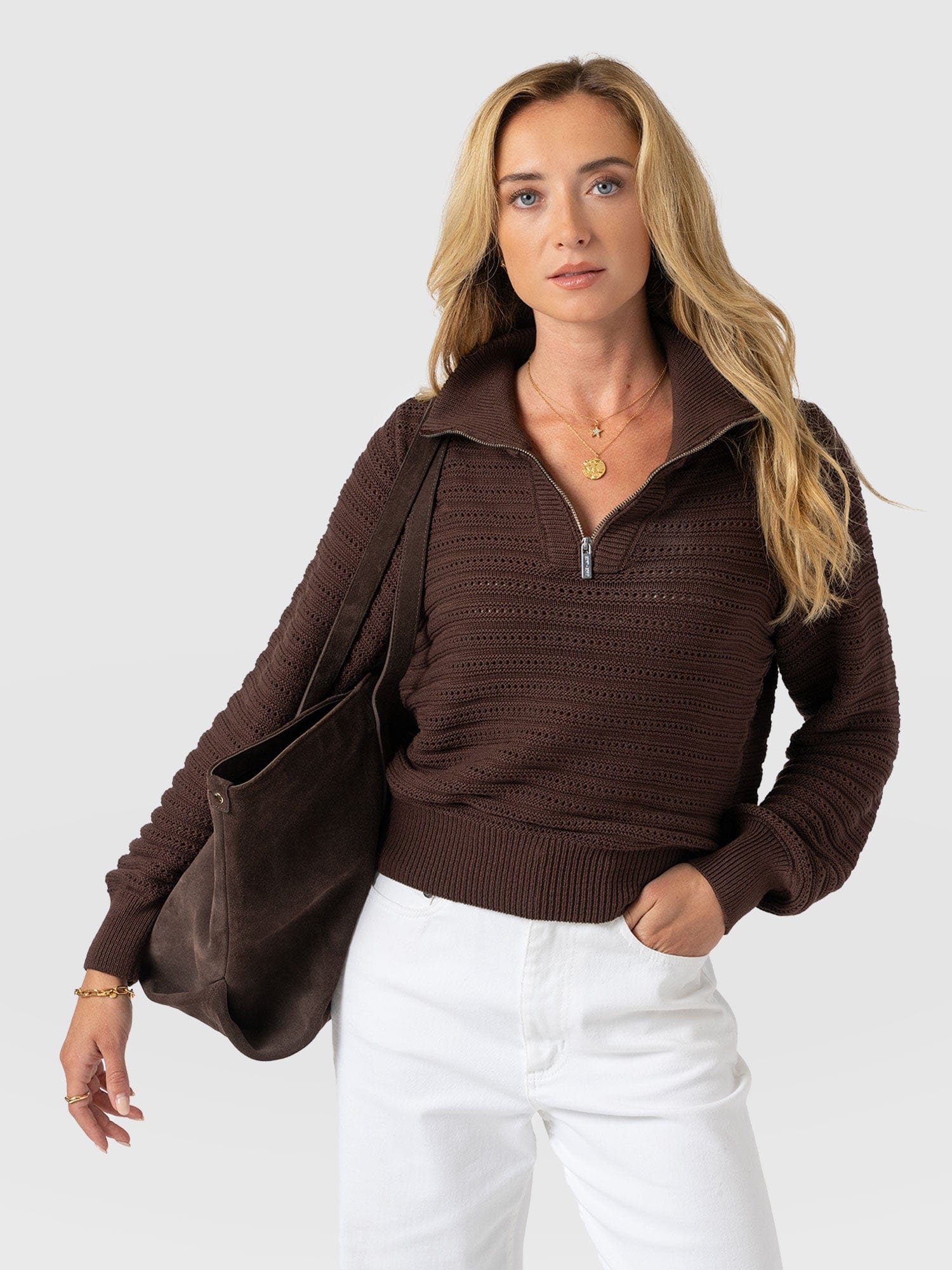 Ester Quarter Zip Knit - Chocolate - Women's Knitwears | Saint + Sofia® EU