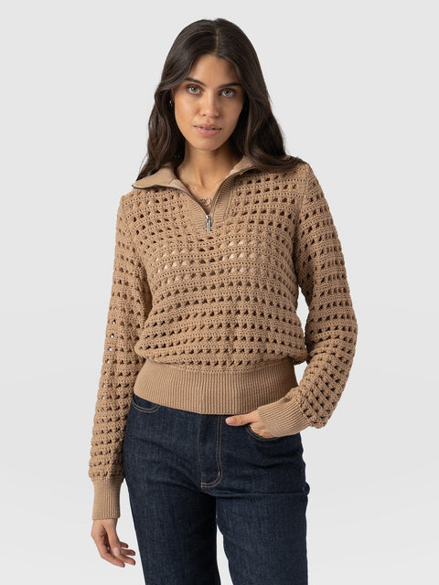 Ester Quarter Zip Knit - Camel - Women's Knitwear | Saint + Sofia® EU