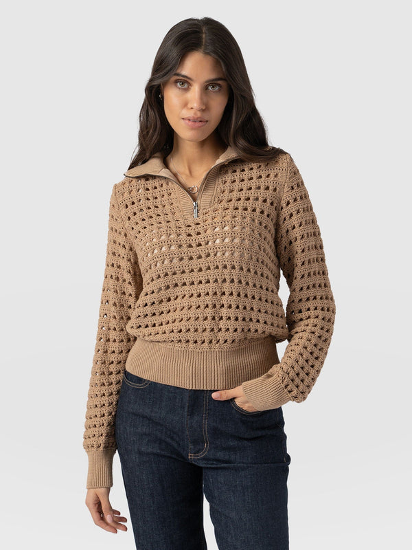 Ester Quarter Zip Knit - Tan - Women's Knitwear | Saint + Sofia® EU