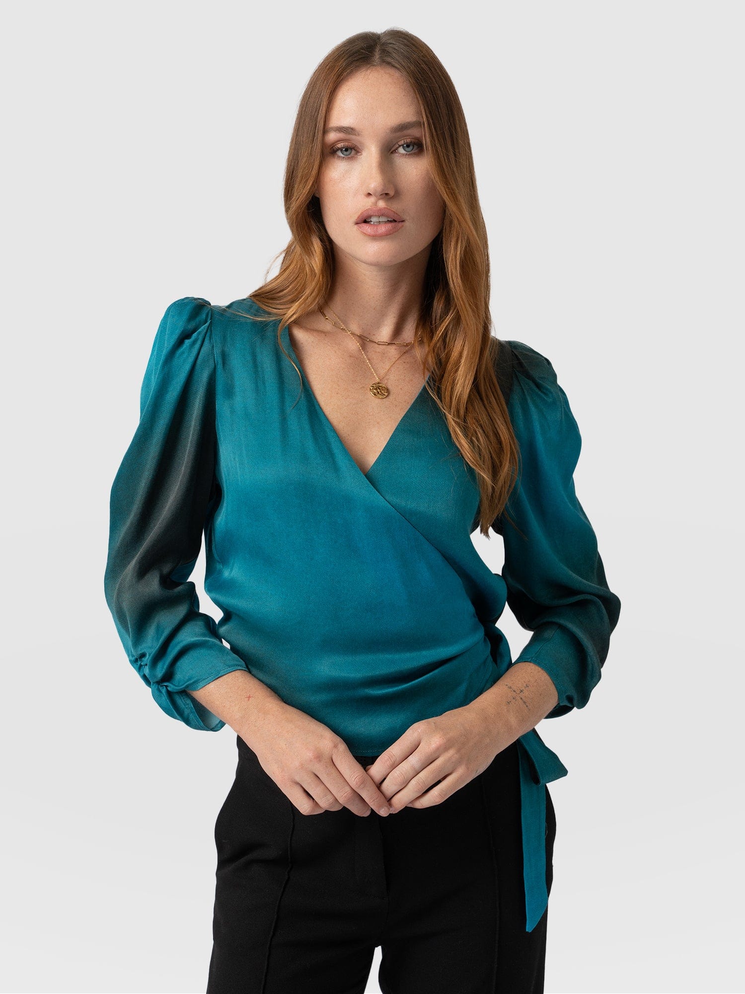 Ester Ruched Wrap Top Blue Coral - Women's Tops | Saint + Sofia® UK