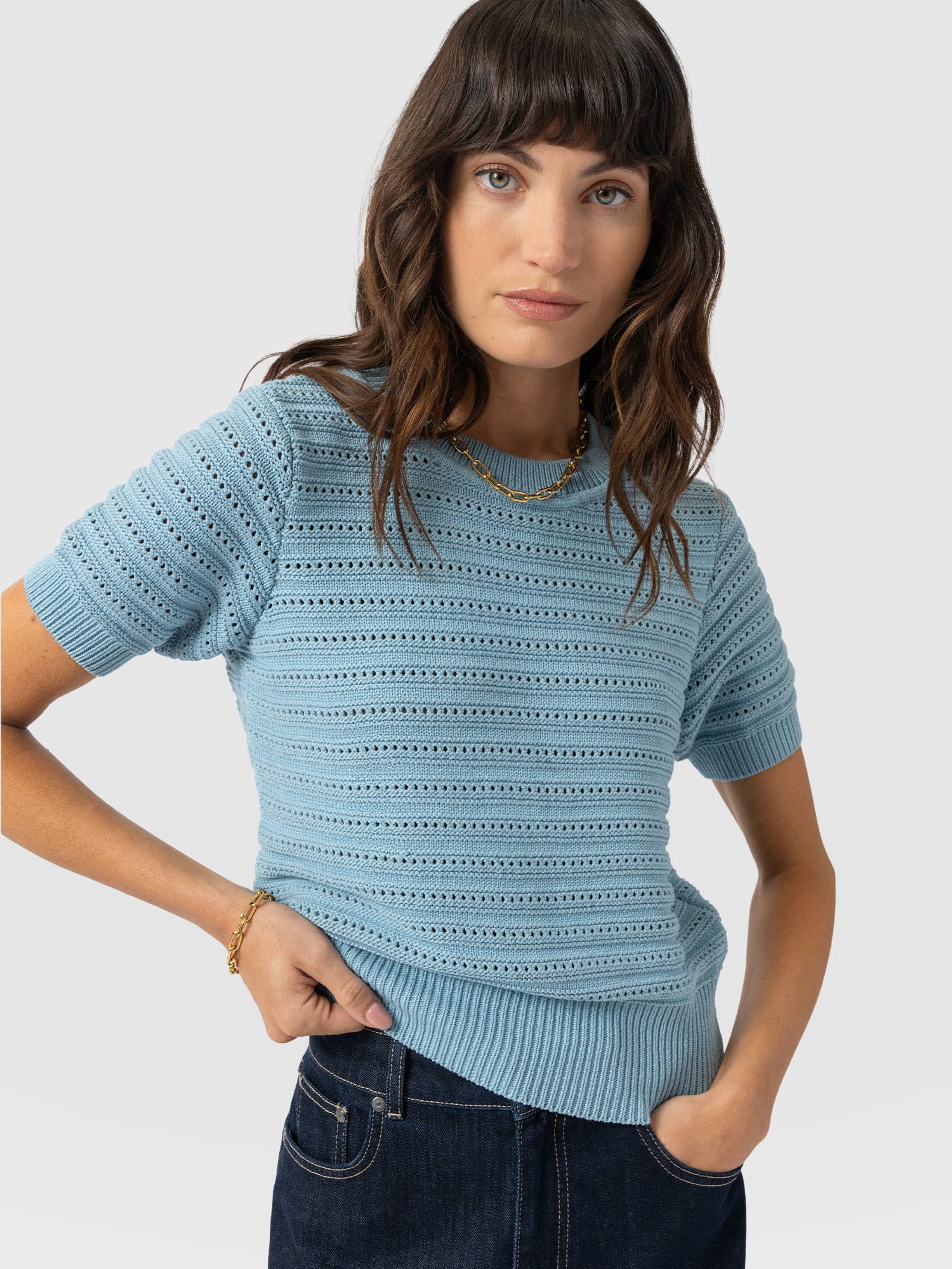 Ester Short Sleeve Knit - Powder Blue - Women's Jumpers | Saint + Sofia® EU