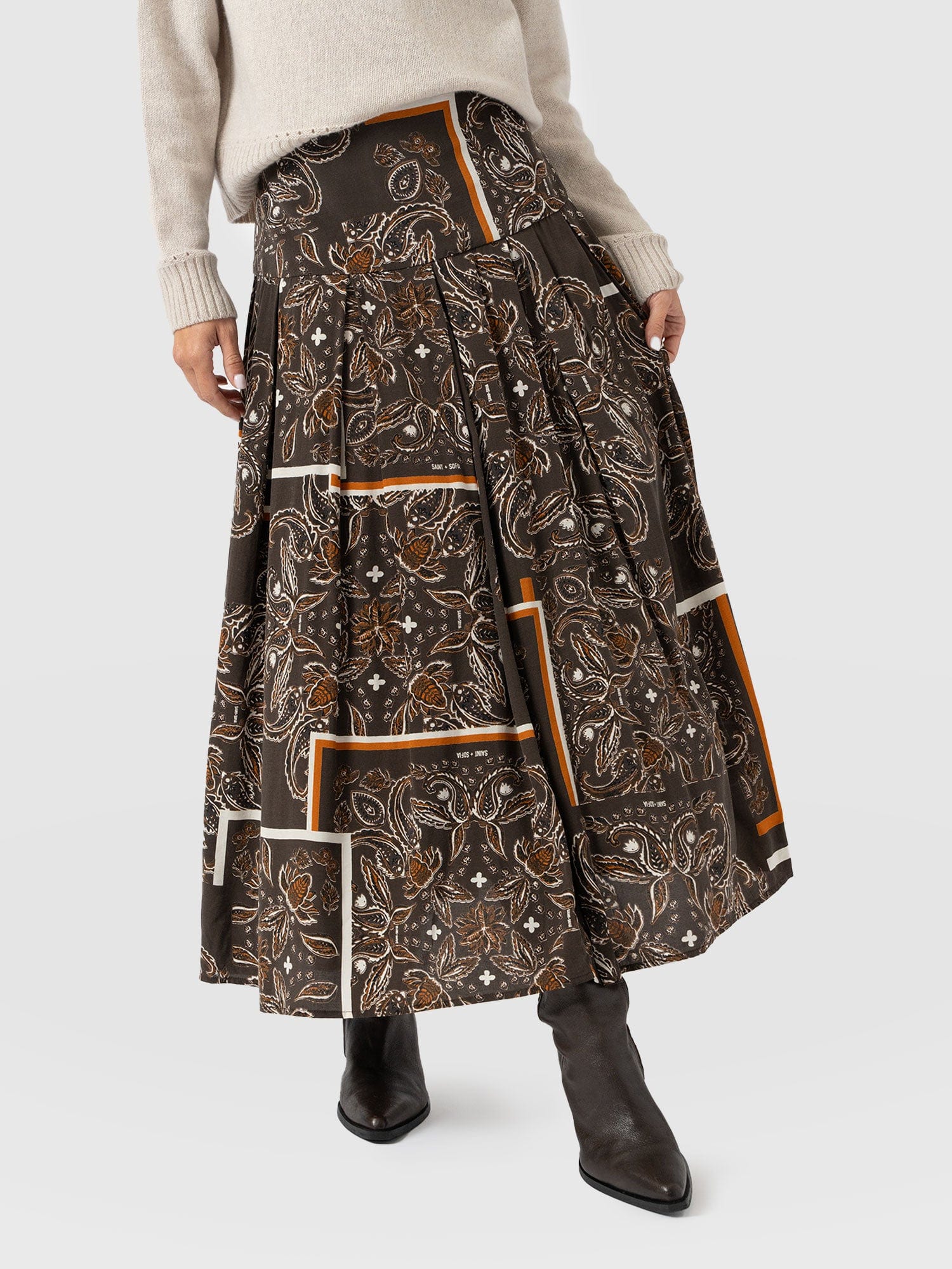 Everly Pleated Skirt - Brown Paisley - Women's Skirts | Saint + Sofia? EU