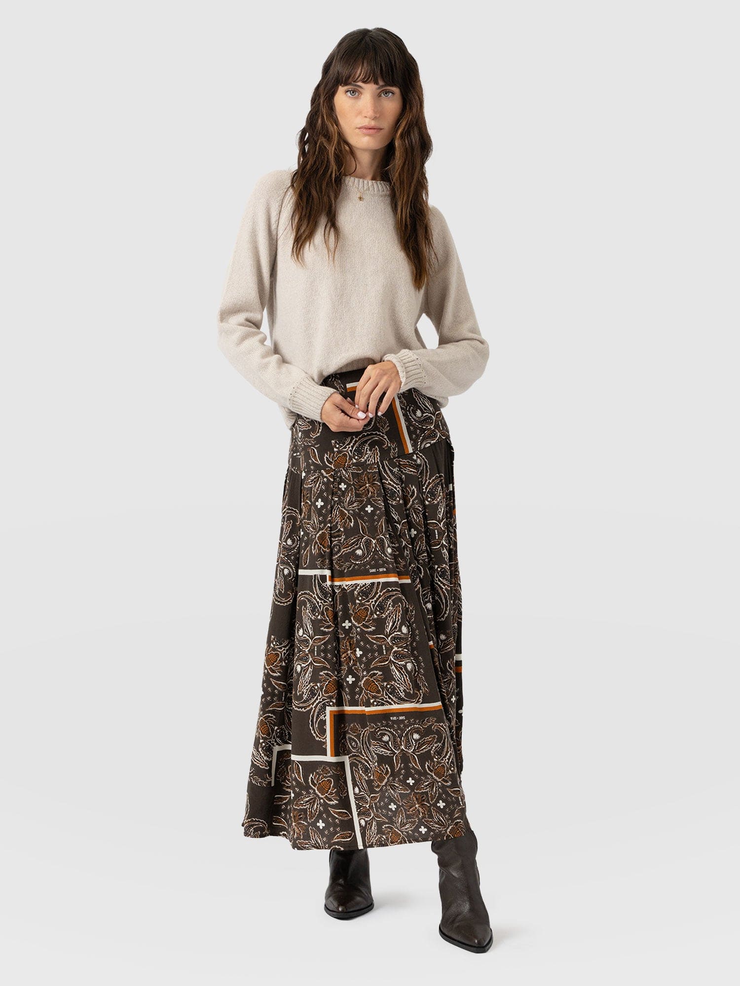 Everly Pleated Skirt - Brown Paisley - Women's Skirts | Saint + Sofia? EU