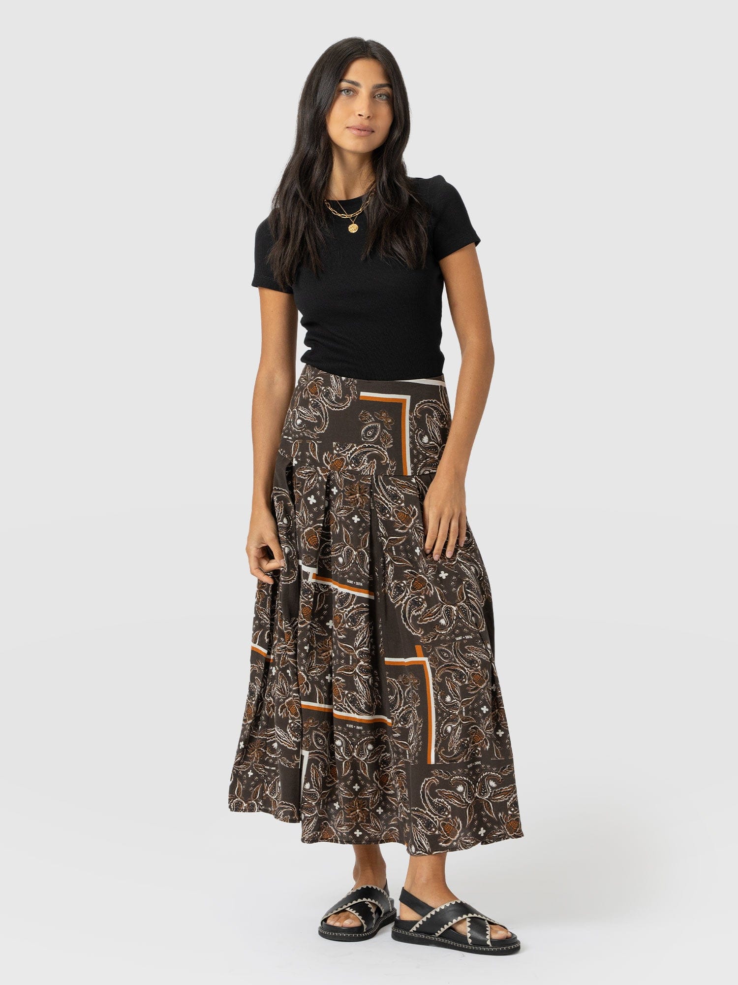 Everly Pleated Skirt - Brown Paisley - Women's Skirts | Saint + Sofia? EU