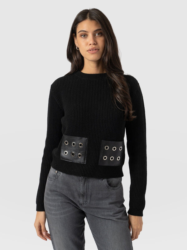 Eyelet Rib Knit Jumper Black - Women's Jumpers | Saint + Sofia® EU