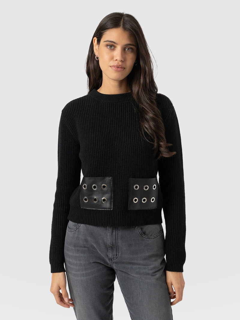 Eyelet Rib Knit Jumper Black - Women's Jumpers | Saint + Sofia® EU