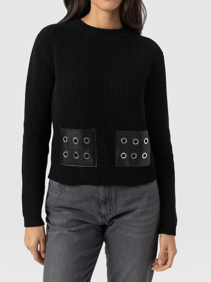 Eyelet Rib Knit Jumper Black - Women's Jumpers | Saint + Sofia® EU