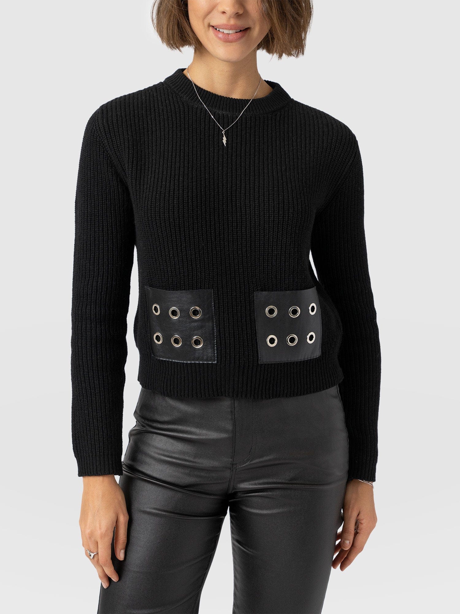 Eyelet Rib Knit Jumper Black - Women's Jumpers | Saint + Sofia® EU