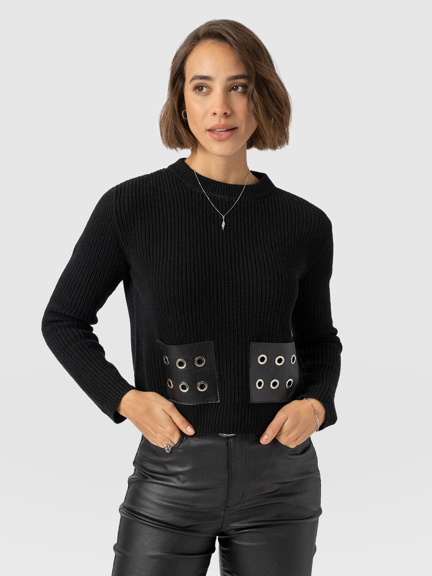 Eyelet Rib Knit Jumper Black - Women's Jumpers | Saint + Sofia® EU