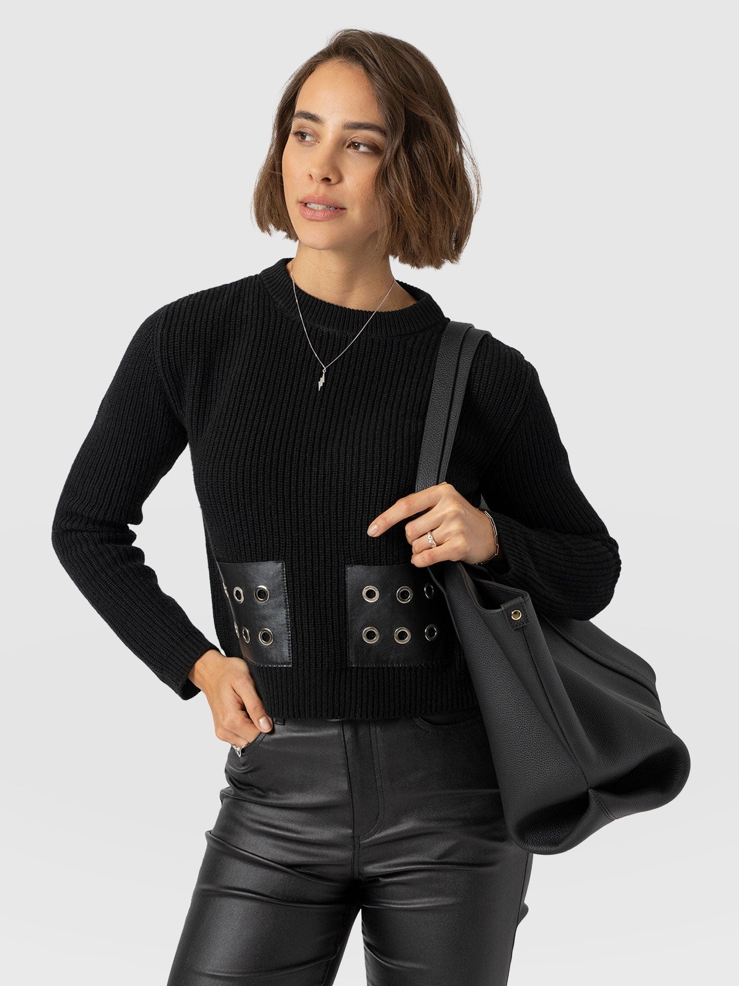 Eyelet Rib Knit Jumper Black - Women's Jumpers | Saint + Sofia® EU