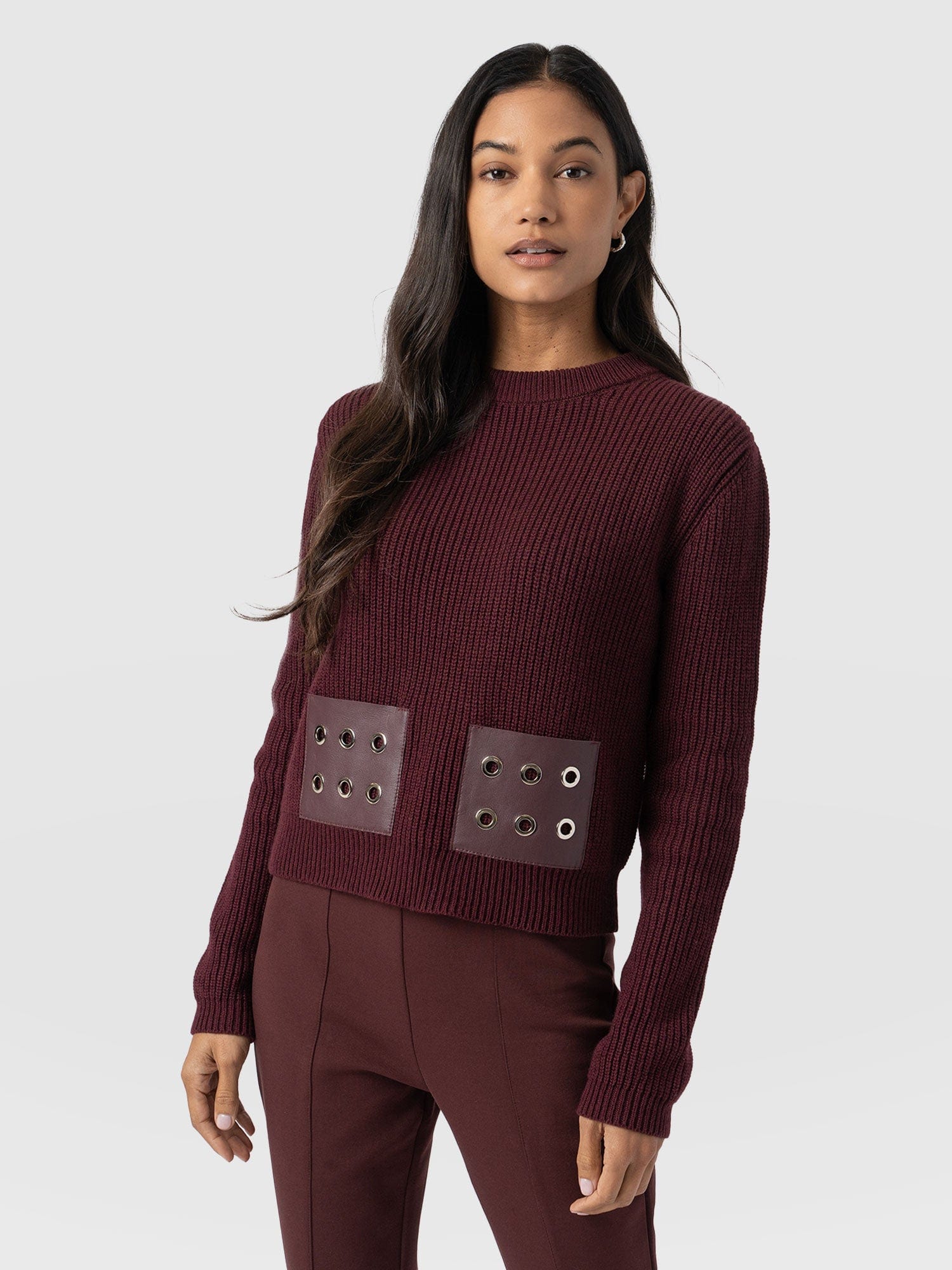 Eyelet Rib Knit Jumper Maroon - Women's Jumpers | Saint + Sofia® EU