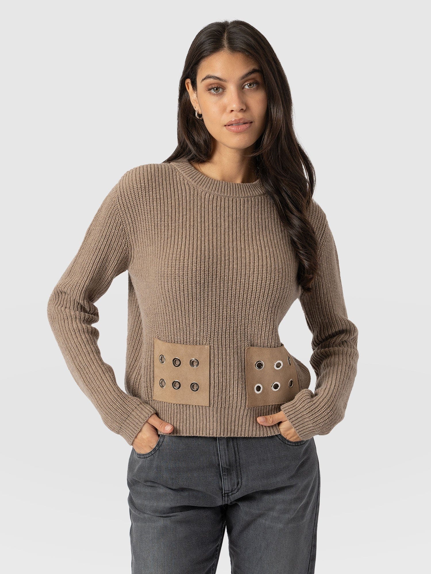 Eyelet Rib Knit Jumper Mocha - Women's Jumpers | Saint + Sofia® EU