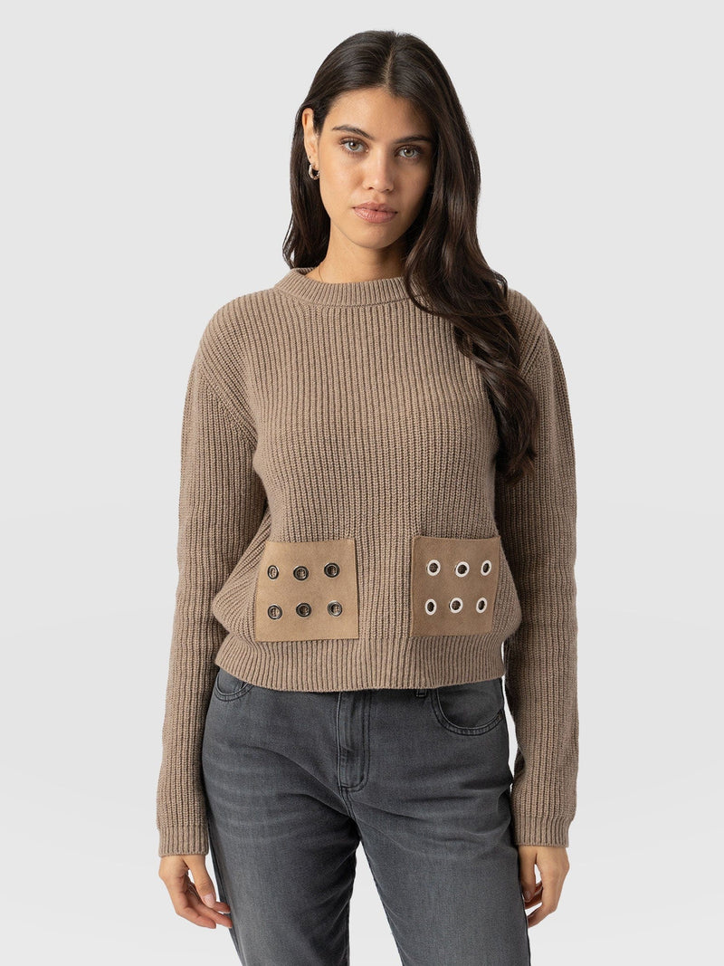 Eyelet Rib Knit Jumper Mocha - Women's Jumpers | Saint + Sofia® EU