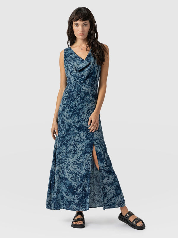 Faye Cowl Neck Dress - Blue Marble