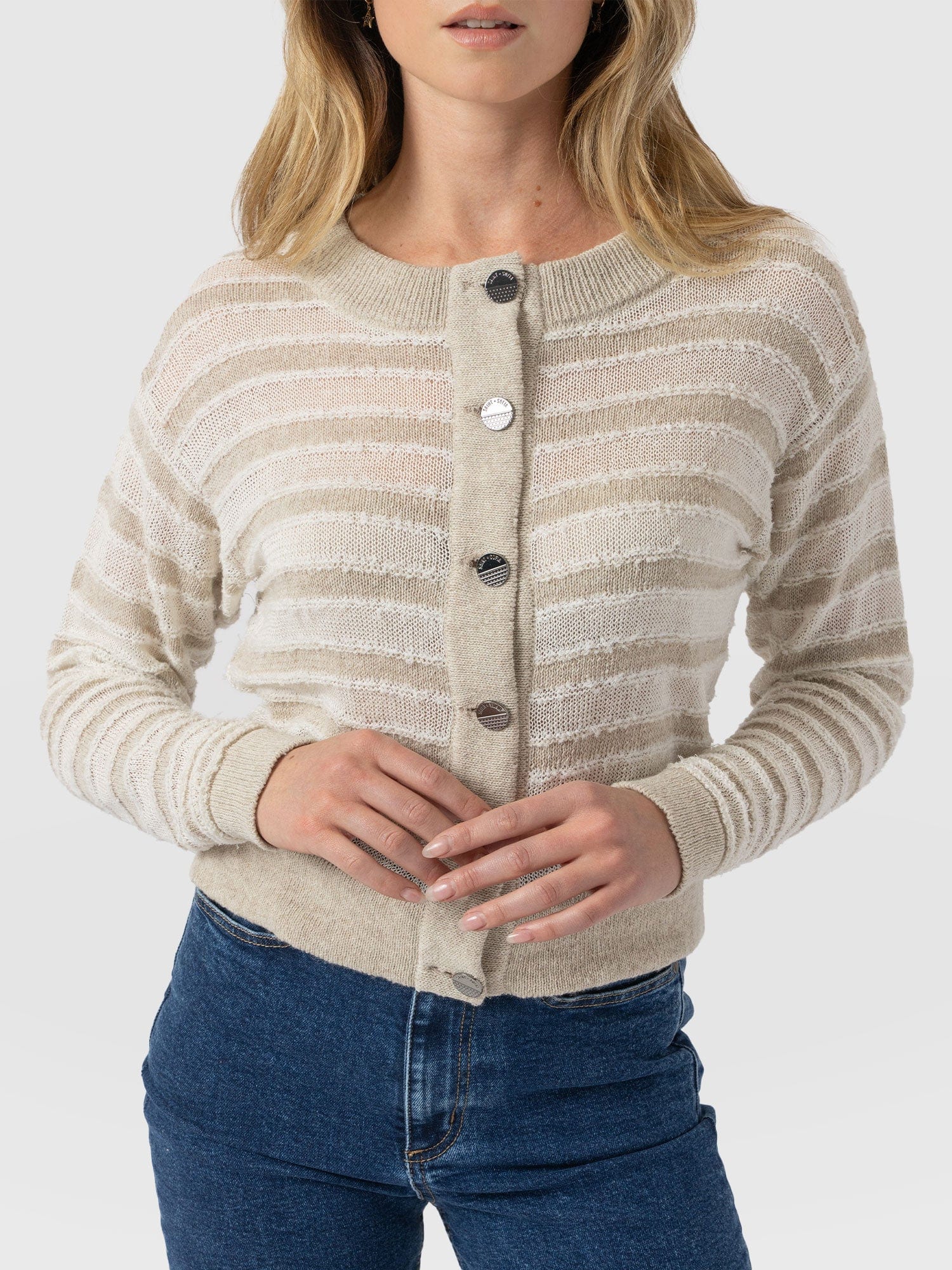 Fearne Knit Cardigan - Cream Stripe - Women's Cardigans | Saint + Sofia® EU