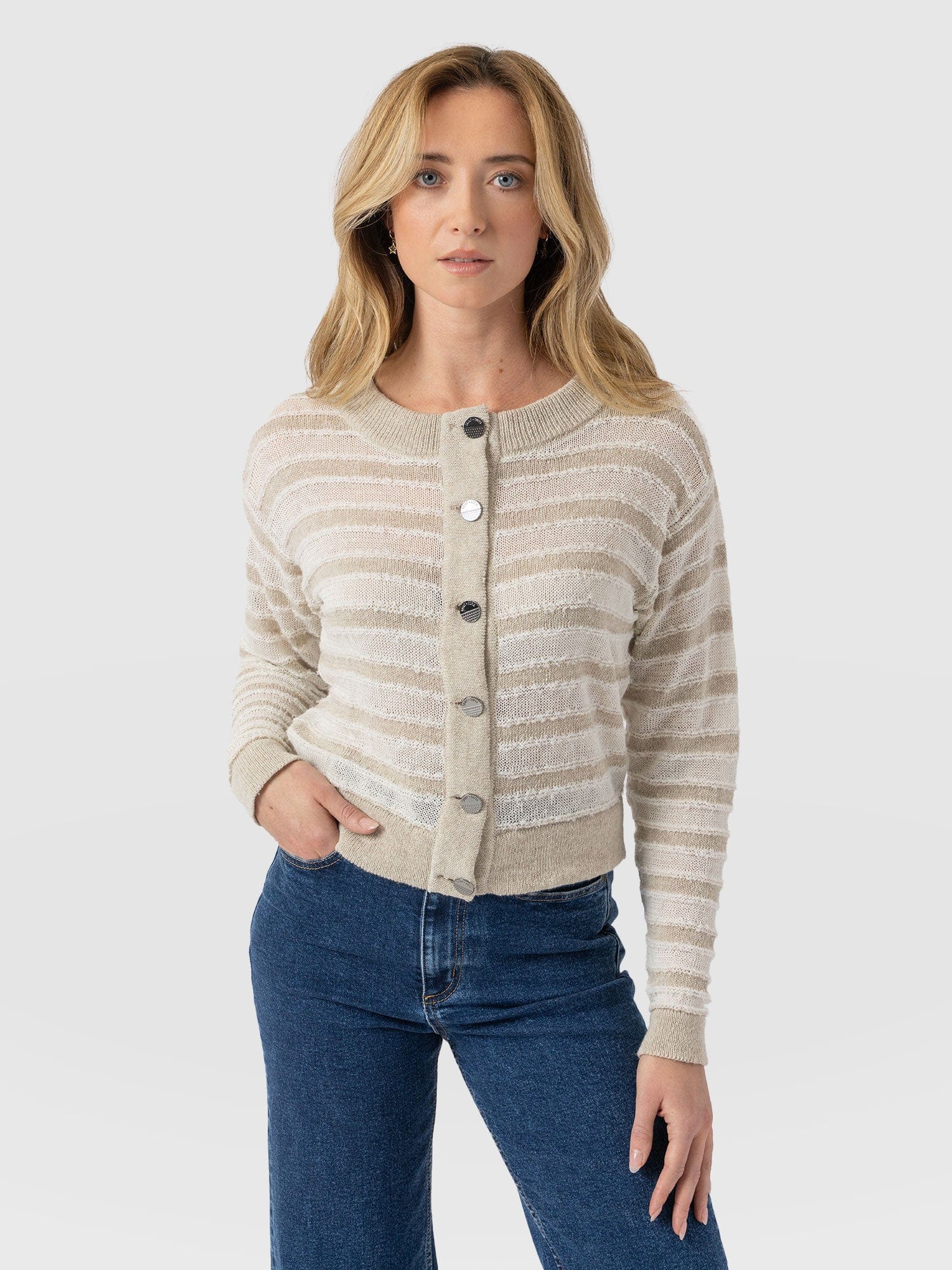 Fearne Knit Cardigan - Cream Stripe - Women's Cardigans | Saint + Sofia® EU