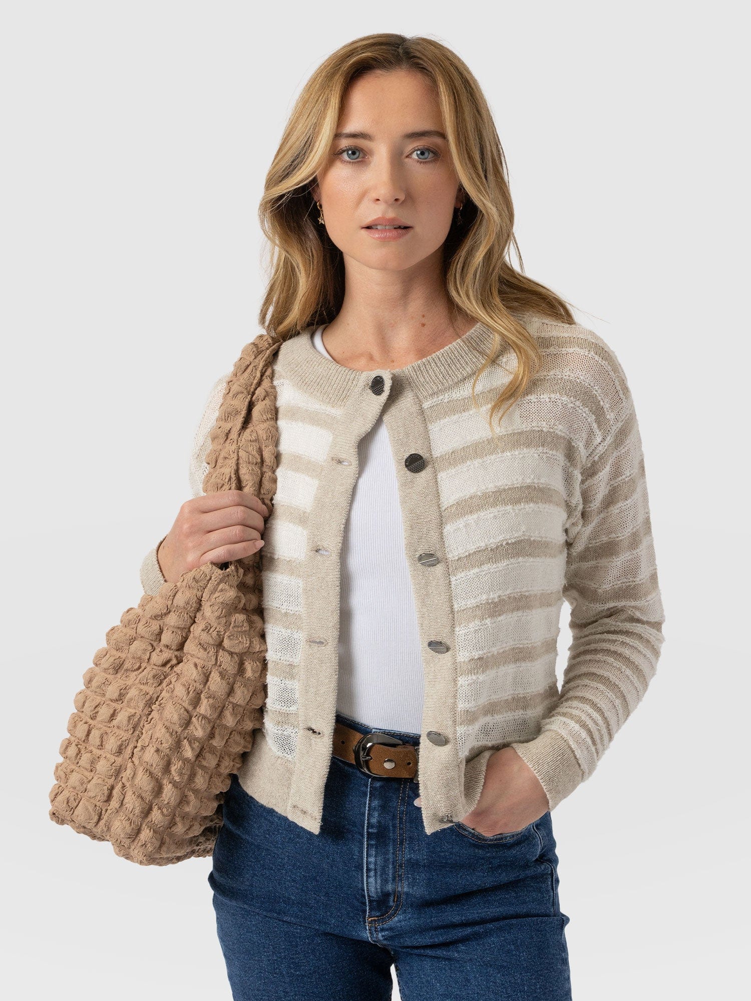Fearne Knit Cardigan - Cream Stripe - Women's Cardigans | Saint + Sofia® EU