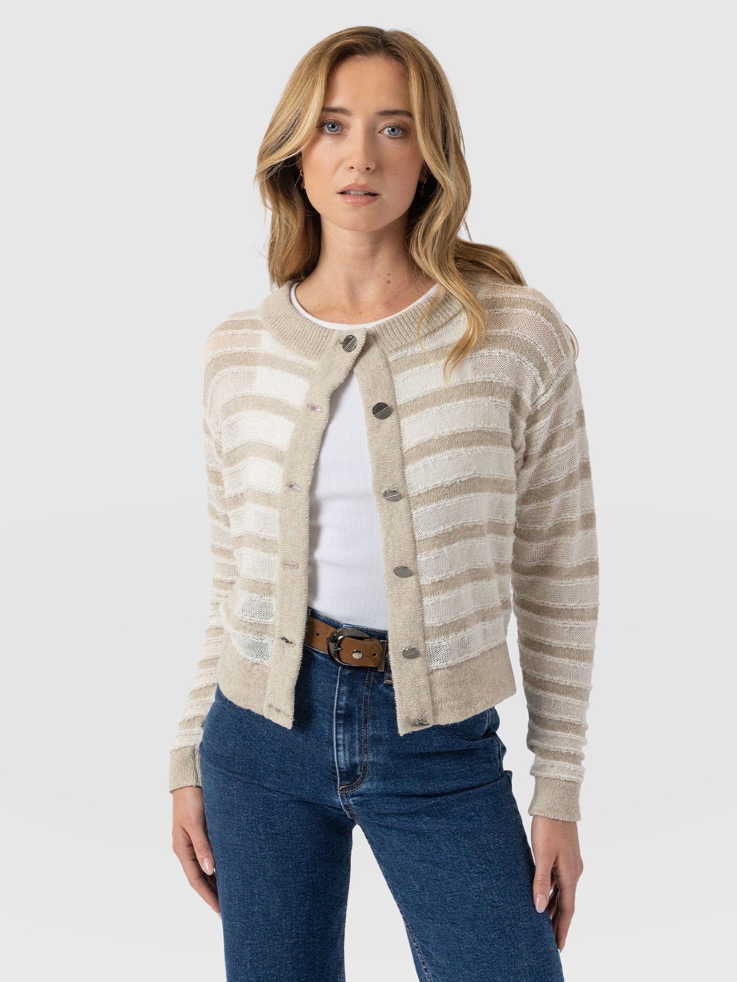 Fearne Knit Cardigan - Cream Stripe - Women's Cardigans | Saint + Sofia® EU