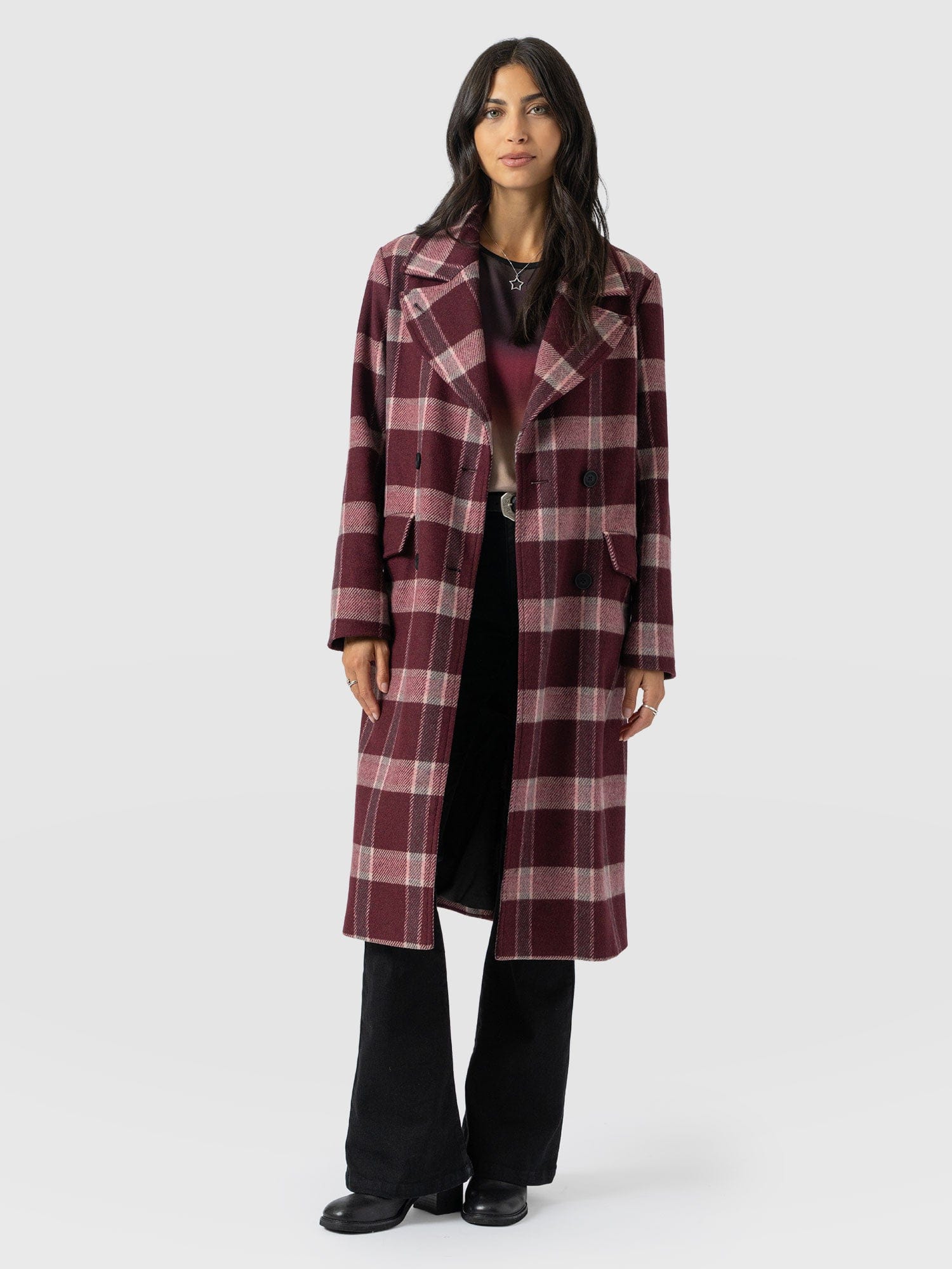 Hampton Coat - Burgundy/Pink Check - Women's Outerwears | Saint + Sofia® EU