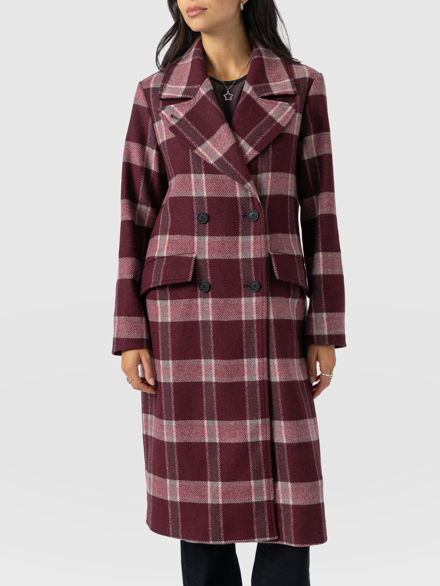Hampton Coat - Burgundy/Pink Check - Women's Outerwears | Saint + Sofia® EU