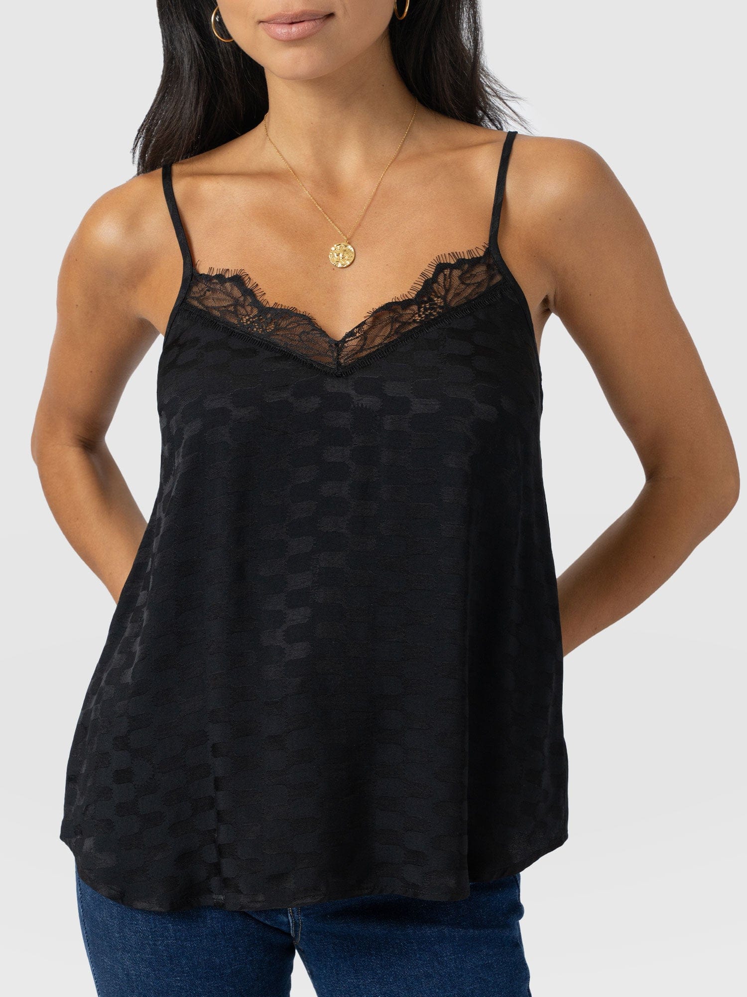 Harper Lace Cami - Black Jacquard - Women's T-shirts | Saint + Sofia® EU