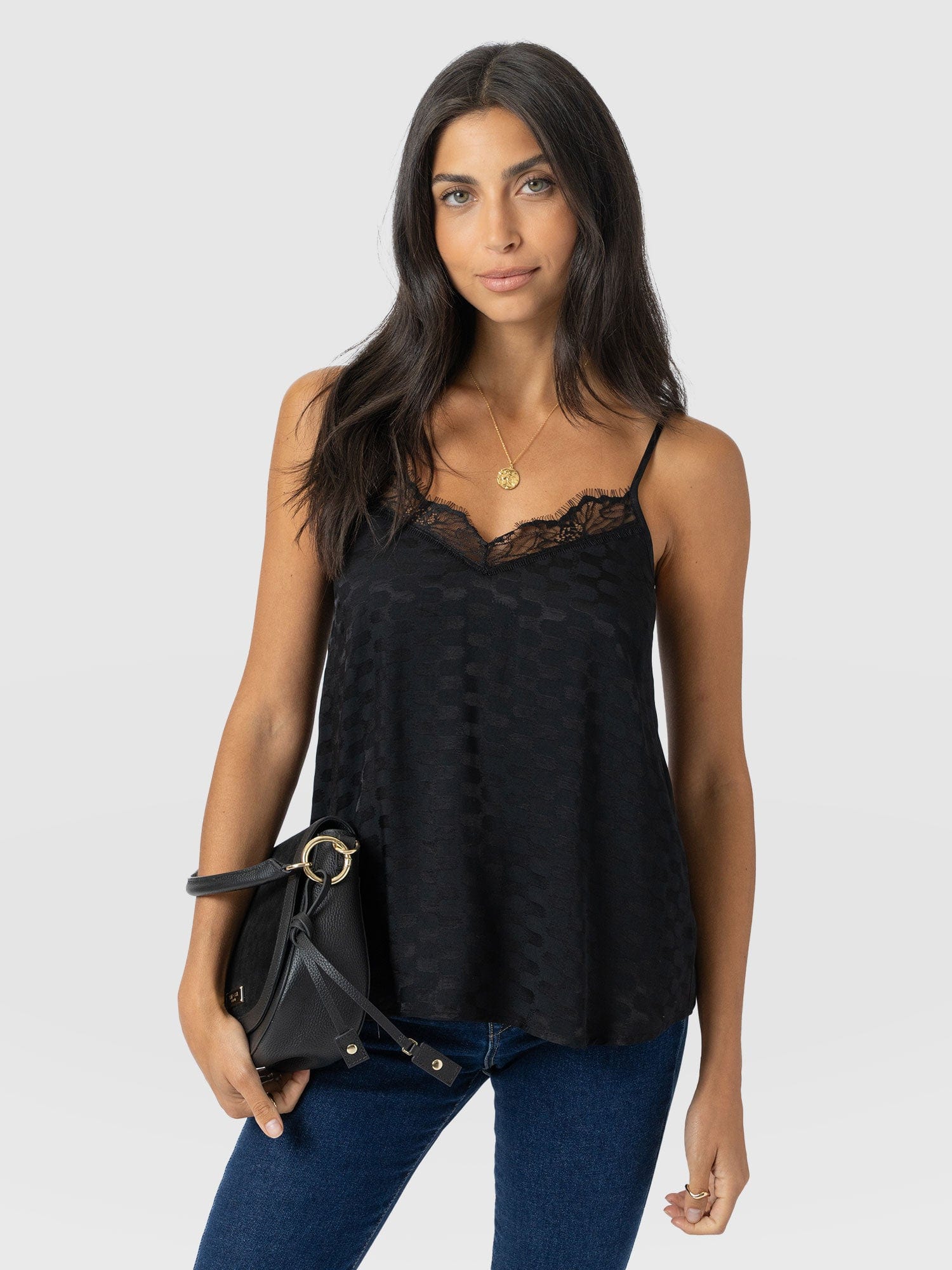 Harper Lace Cami - Black Jacquard - Women's T-shirts | Saint + Sofia® EU