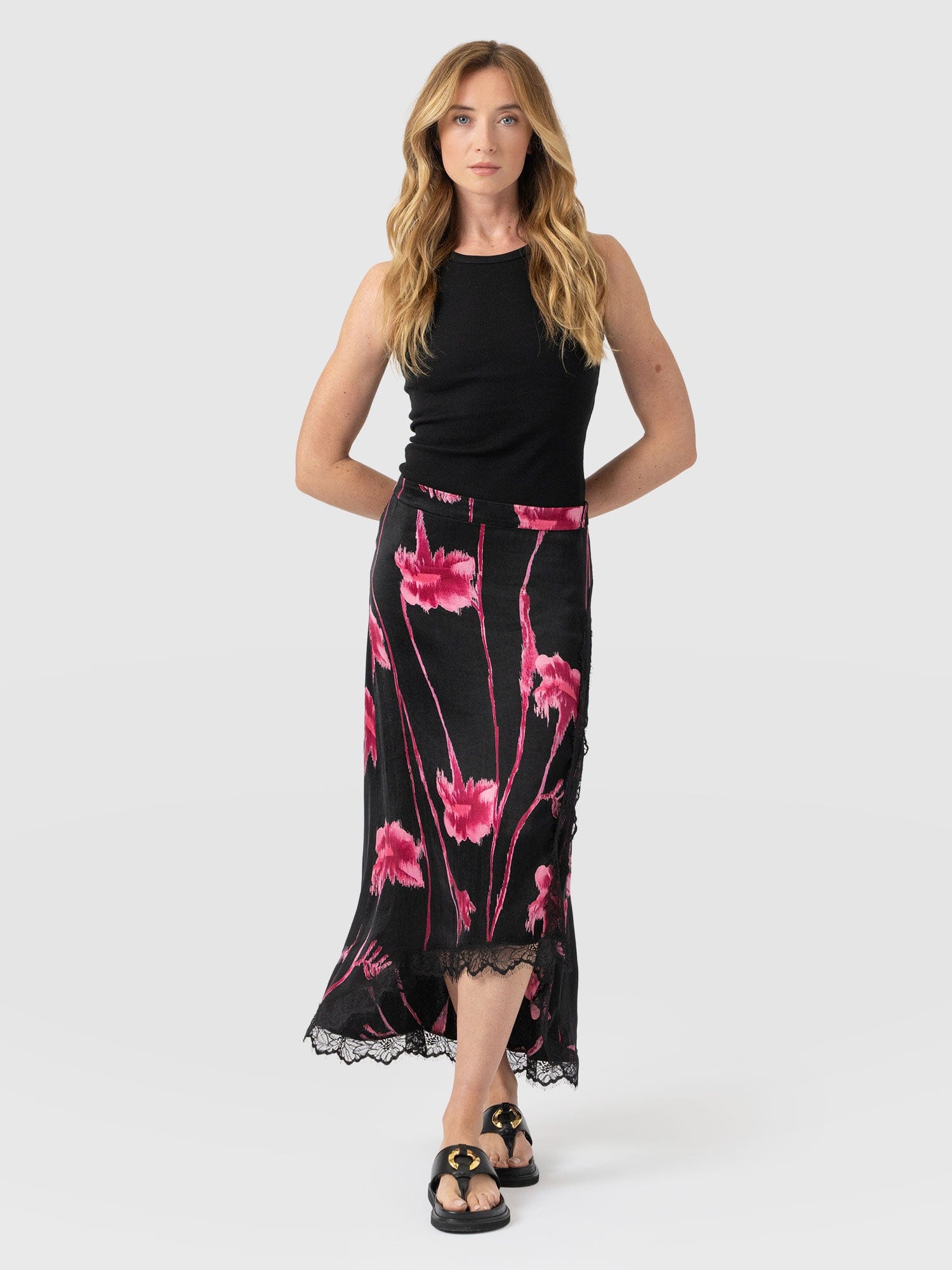 Harper Lace Midi Skirt - Pink Stem Floral - Women's Skirts | Saint + Sofia® EU