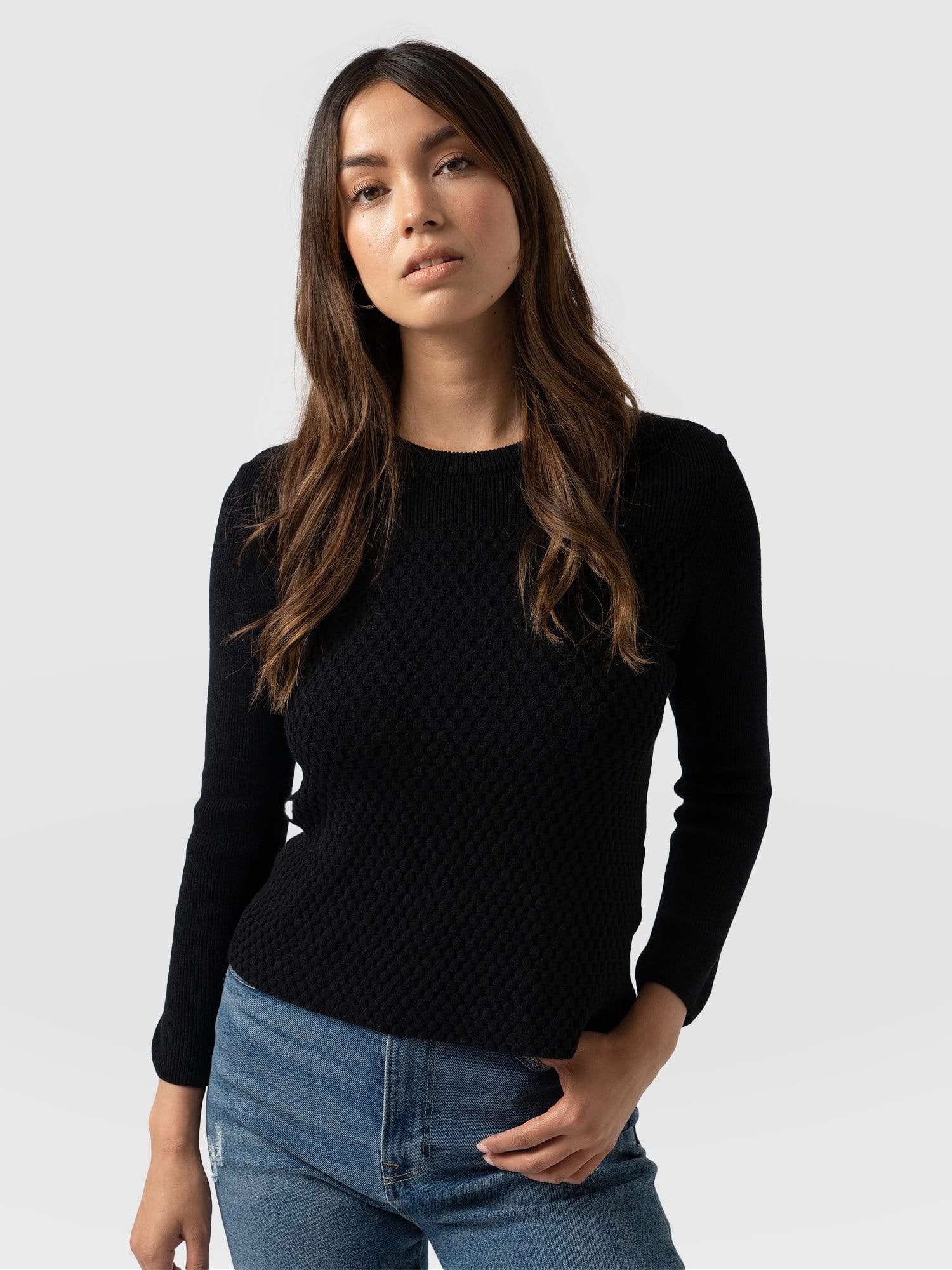 Honeycomb Rib Jumper Black - Women's Jumpers | Saint + Sofia® EU