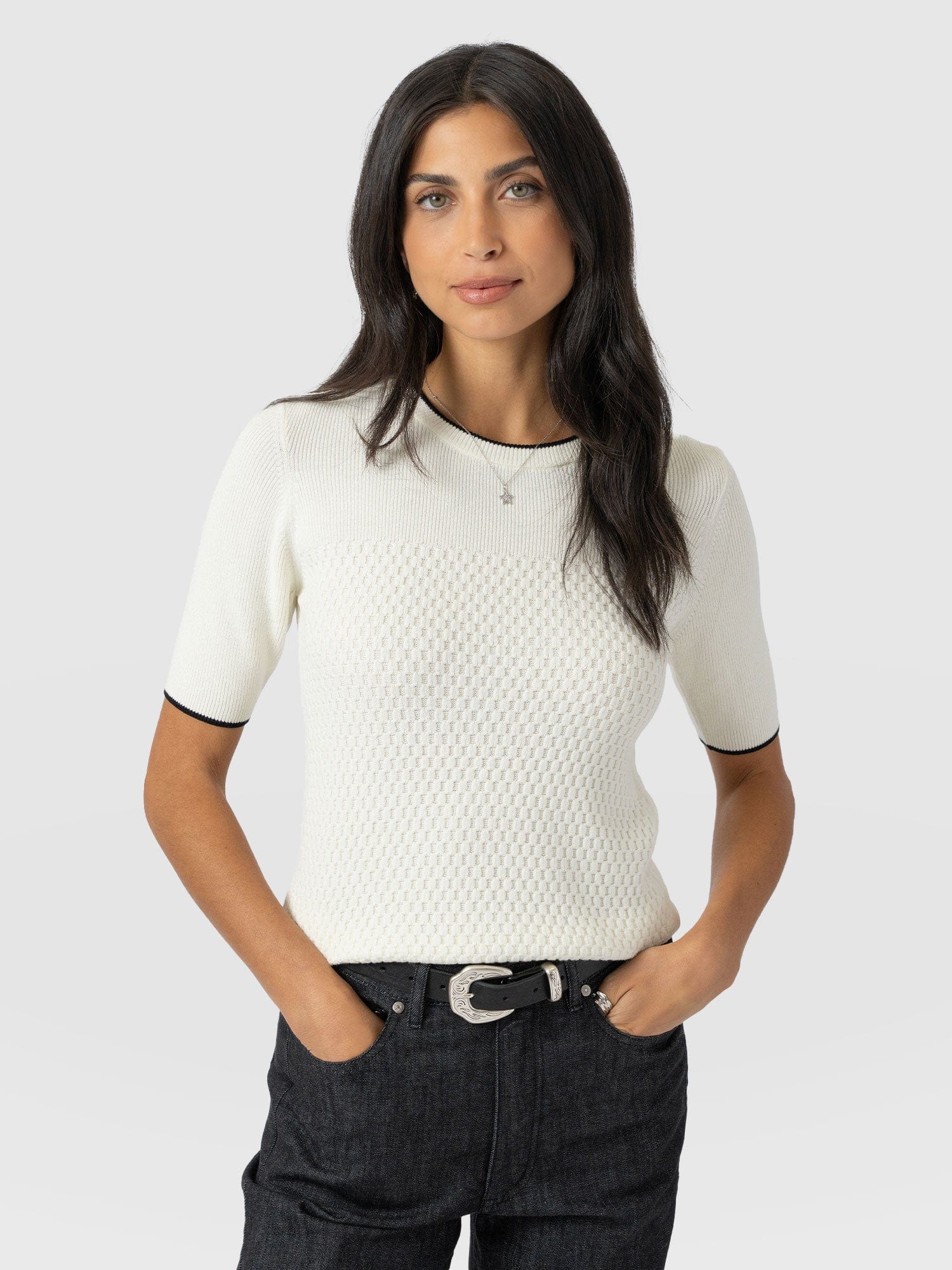 Honeycomb Short Sleeve Knit - Cream - Women's Knitwears | Saint + Sofia? EU