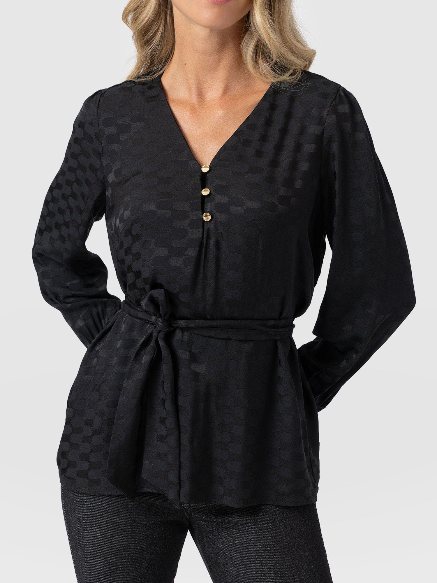 Joselyn V Neck Blouse - Black Jacquard - Women's Blouses | Saint + Sofia® EU