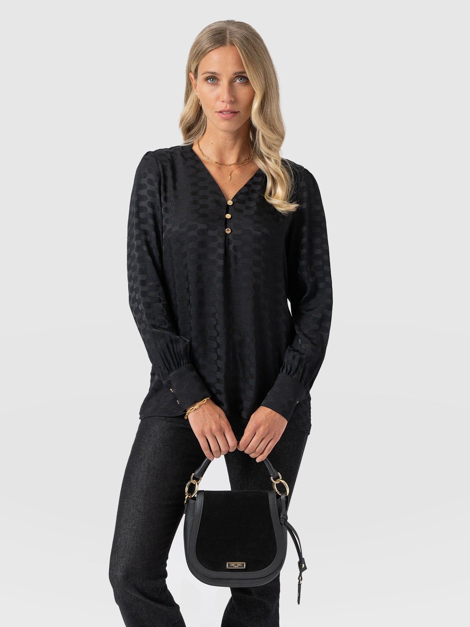 Joselyn V Neck Blouse - Black Jacquard - Women's Blouses | Saint + Sofia® EU