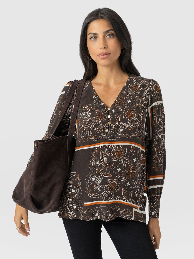 Joselyn V Neck Blouse - Brown Paisley - Women's Blouses | Saint + Sofia? EU