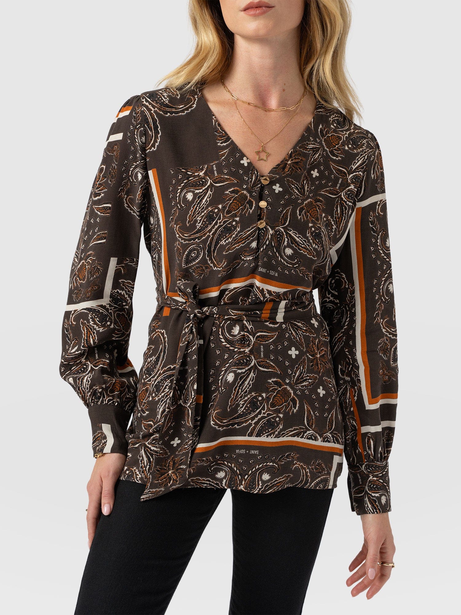 Joselyn V Neck Blouse - Brown Paisley - Women's Blouses | Saint + Sofia? EU