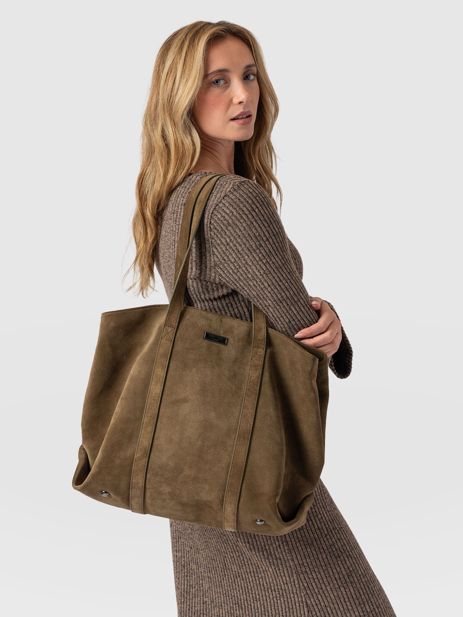 Kara Shopper Bag Khaki Suede - Women's Bags | Saint + Sofia® EU