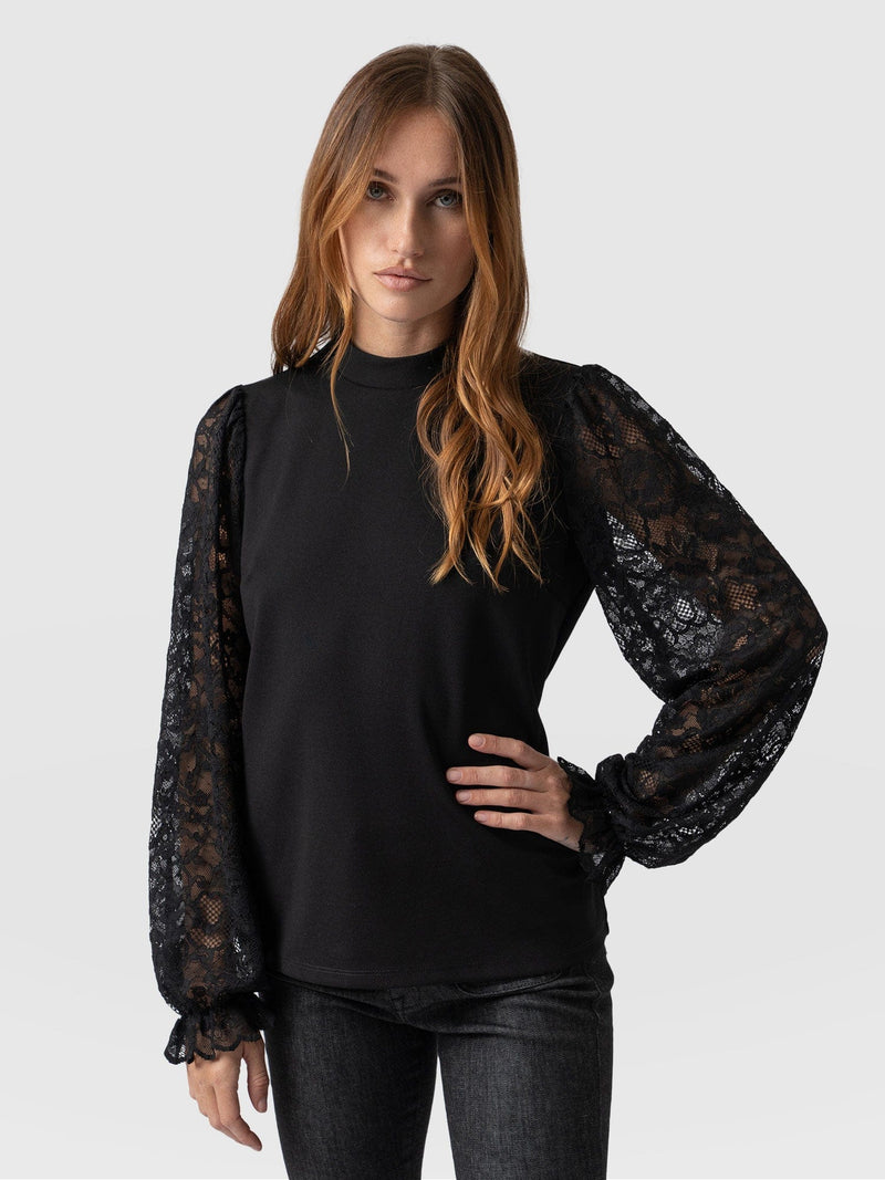 Lace Penny Puff Long Sleeve Black - Women's T-Shirts |  Saint + Sofia® EU