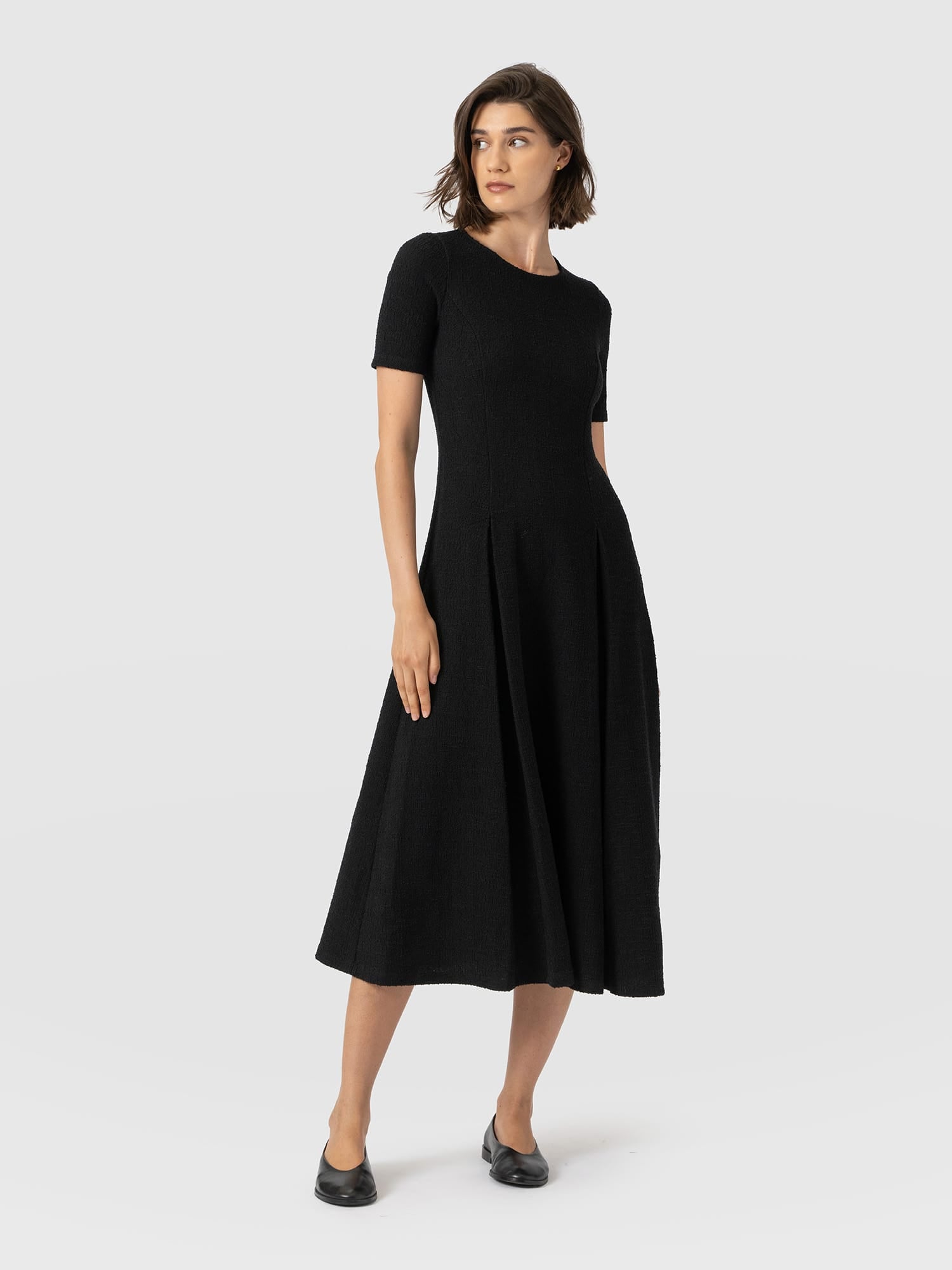 Lana Pleated Short Sleeve Dress - Black Boucle - Women's Dresses | Saint and Sofia® EU