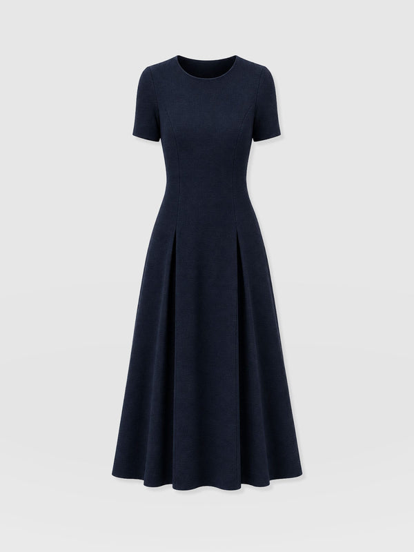 Lana Pleated Short Sleeve Dress - Navy Boucle